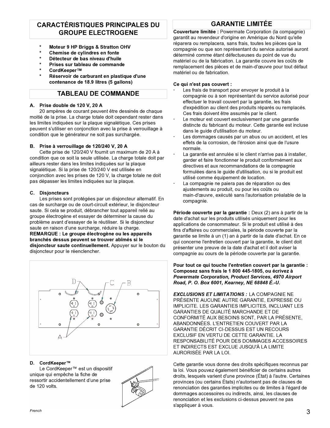 Powermate PMA535202 manual Caractéristiques Principales DU Groupe Electrogene, Tableau DE Commande, Garantie Limitée 