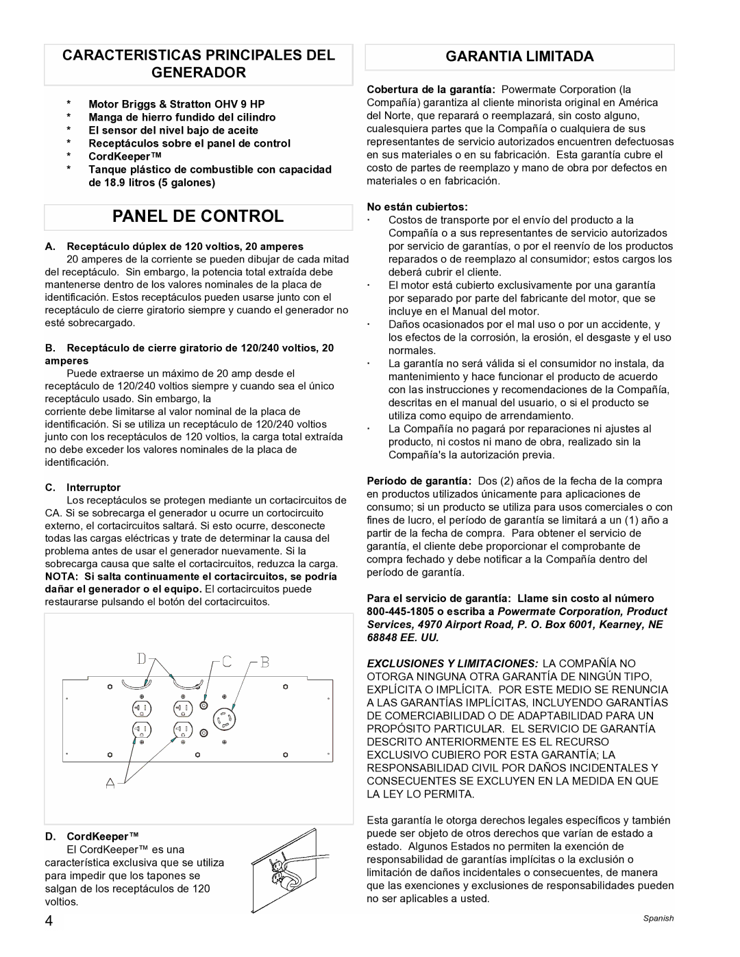 Powermate PMA535202 manual Panel DE Control, Caracteristicas Principales DEL Generador, Garantia Limitada, Interruptor 