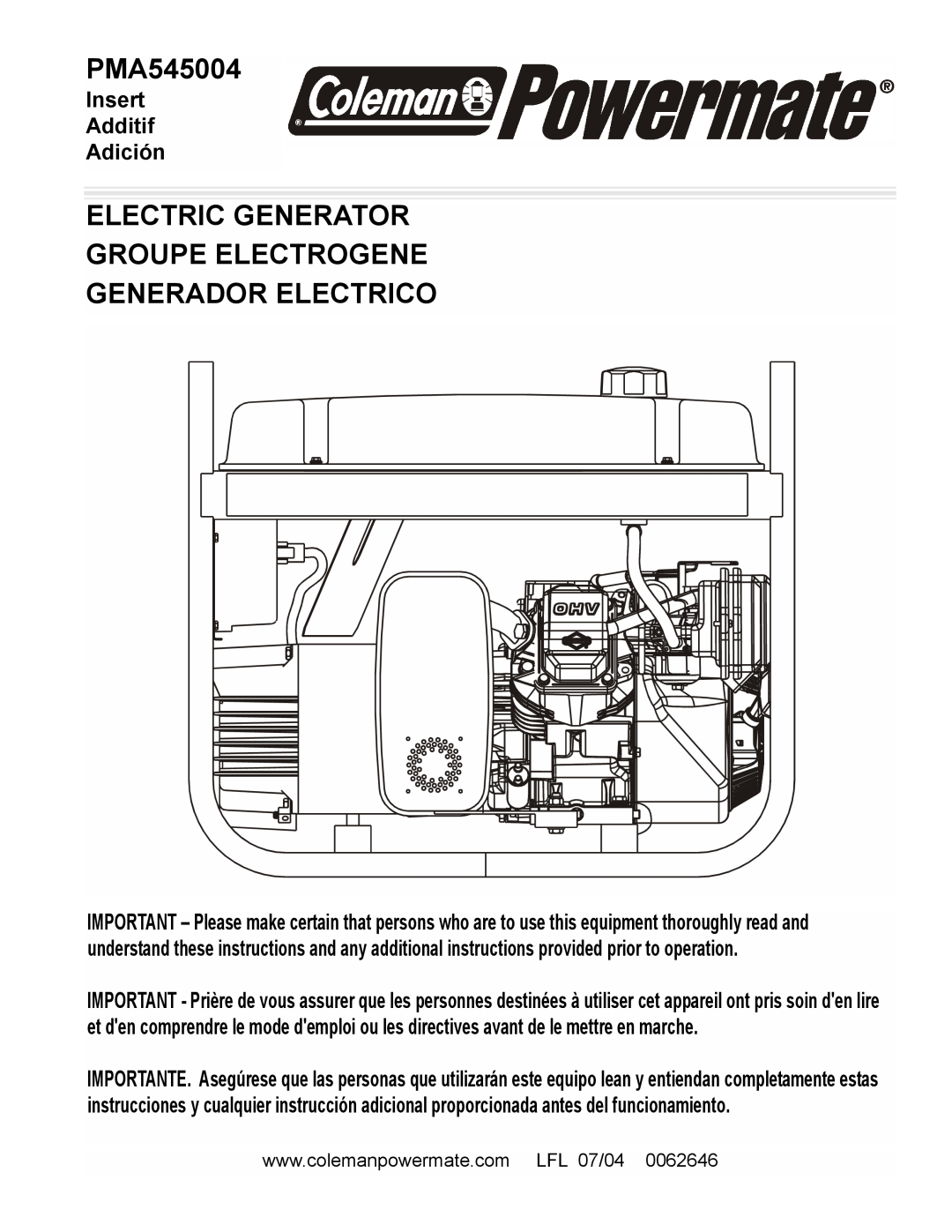 Powermate PMA545004 manual Electric Generator Groupe Electrogene, Generador Electrico, Insert Additif Adición 