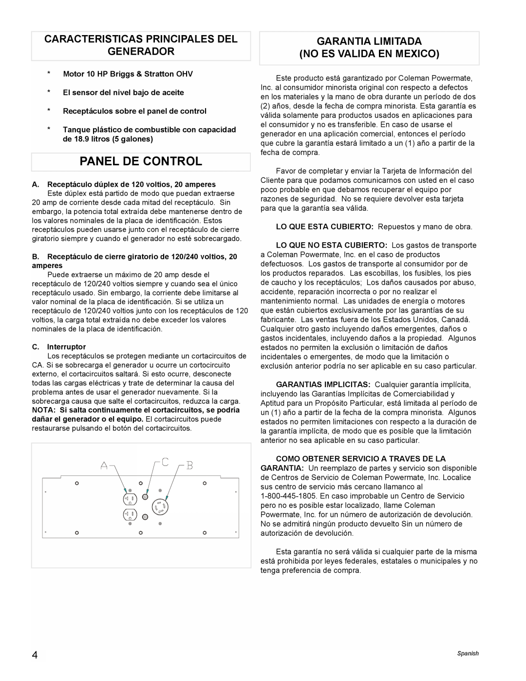 Powermate PMA545004 Panel De Control, Caracteristicas Principales Del Generador, Garantia Limitada No Es Valida En Mexico 