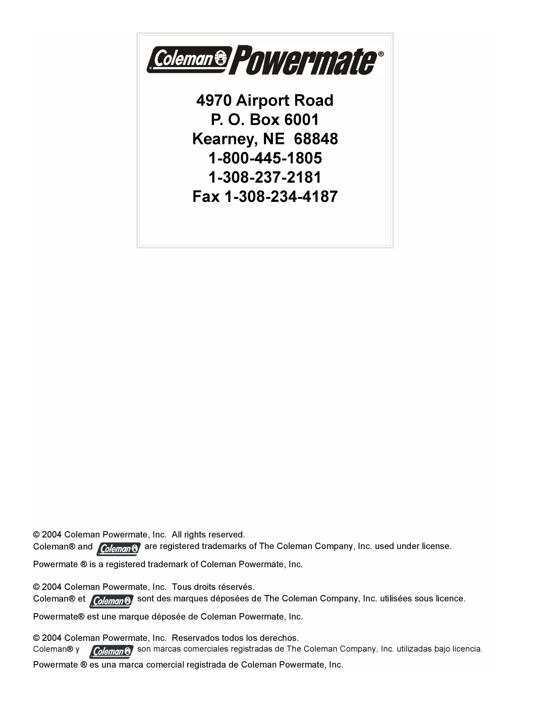 Powermate PMA545004 manual Airport Road P. O. Box Kearney, NE, 1-800-445-1805 1-308-237-2181 Fax 
