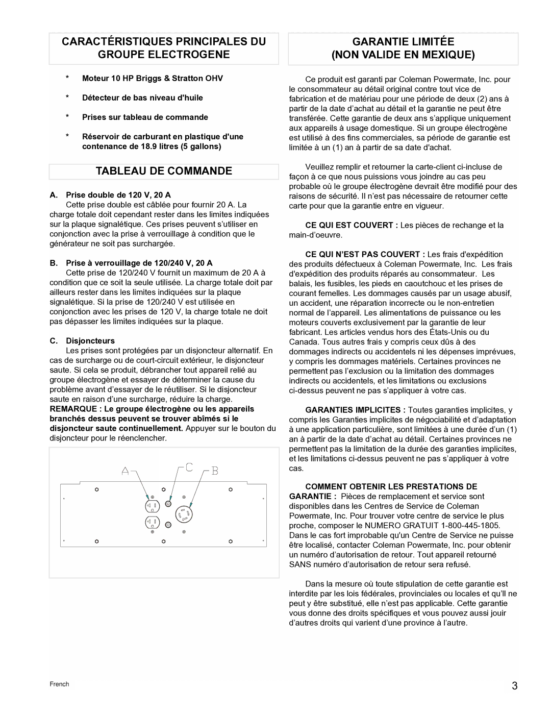 Powermate PMA545004 manual Caractéristiques Principales DU Groupe Electrogene, Tableau DE Commande 