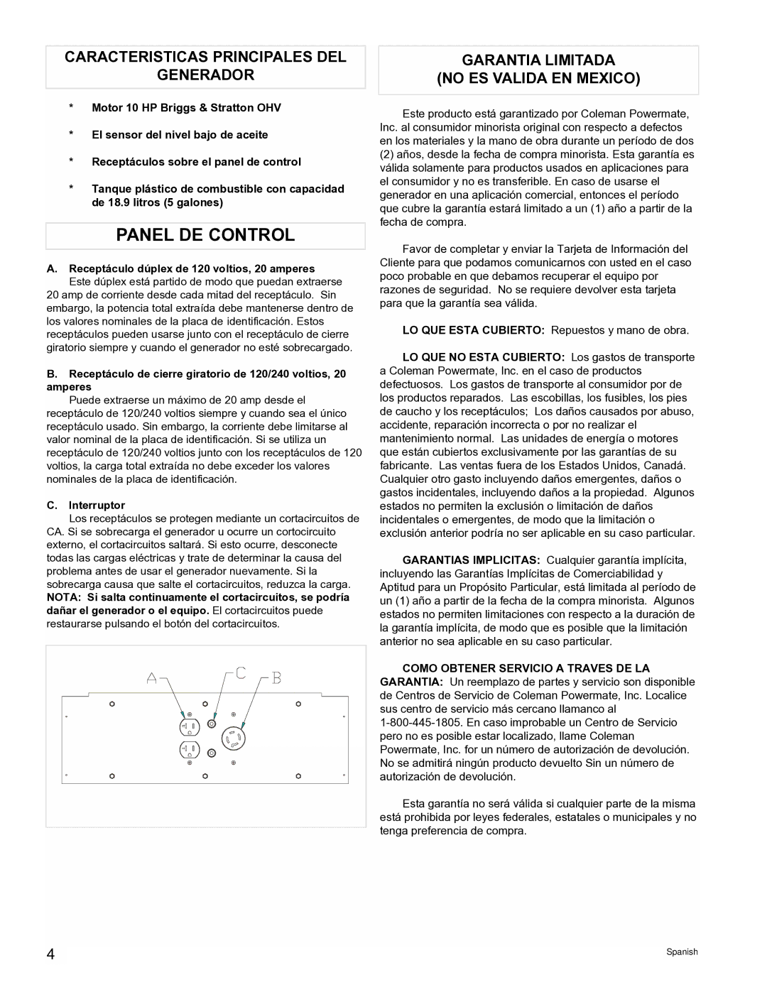 Powermate PMA545004 manual Caracteristicas Principales DEL Generador, Garantia Limitada No ES Valida EN Mexico, Interruptor 