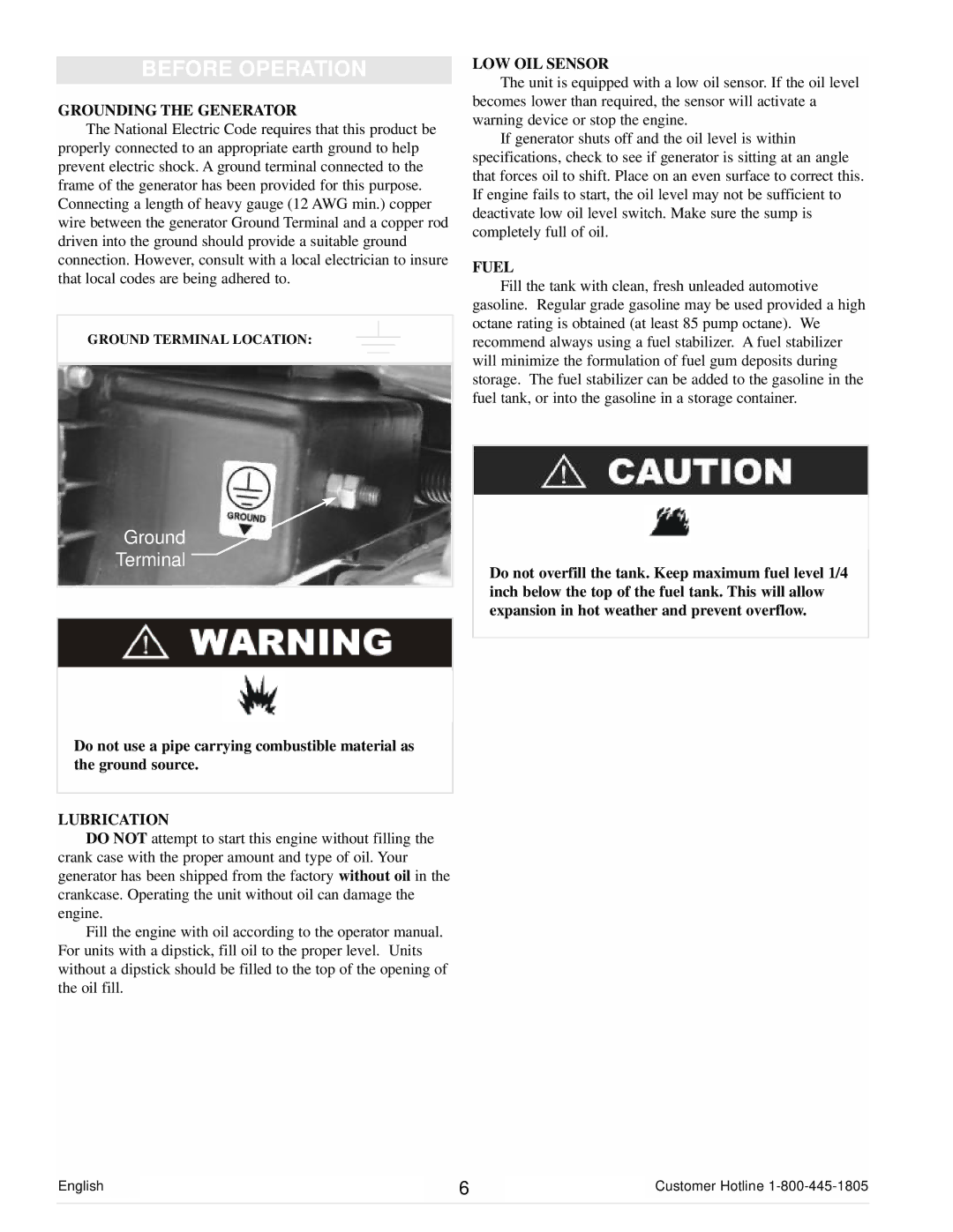 Powermate PMC106000 manual Before Operation, Grounding the Generator, Lubrication, LOW OIL Sensor, Fuel 