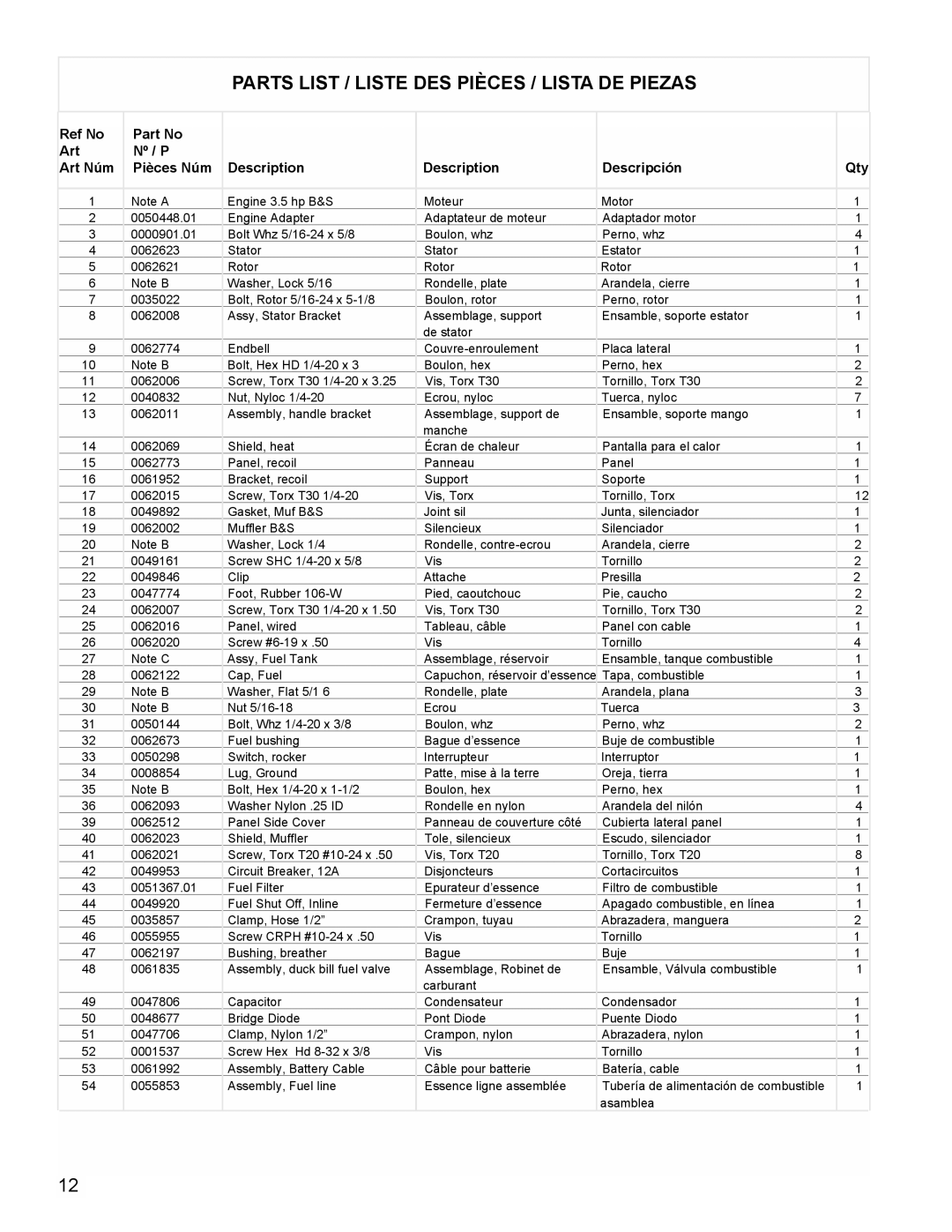 Powermate PMC401853 manual Parts List / Liste DES Pièces / Lista DE Piezas 