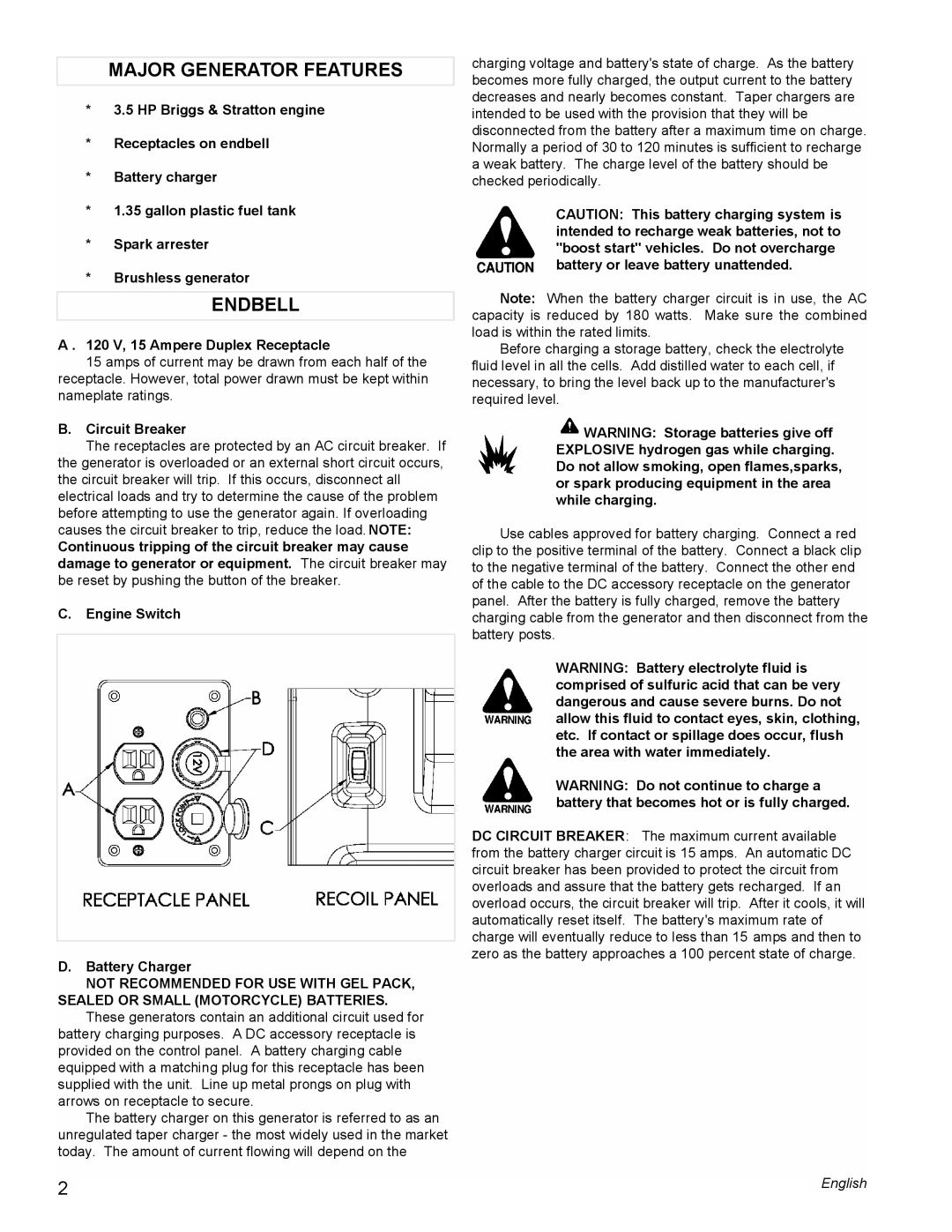 Powermate PMC401853 manual Major Generator Features, Endbell, 120 V, 15 Ampere Duplex Receptacle, Circuit Breaker 