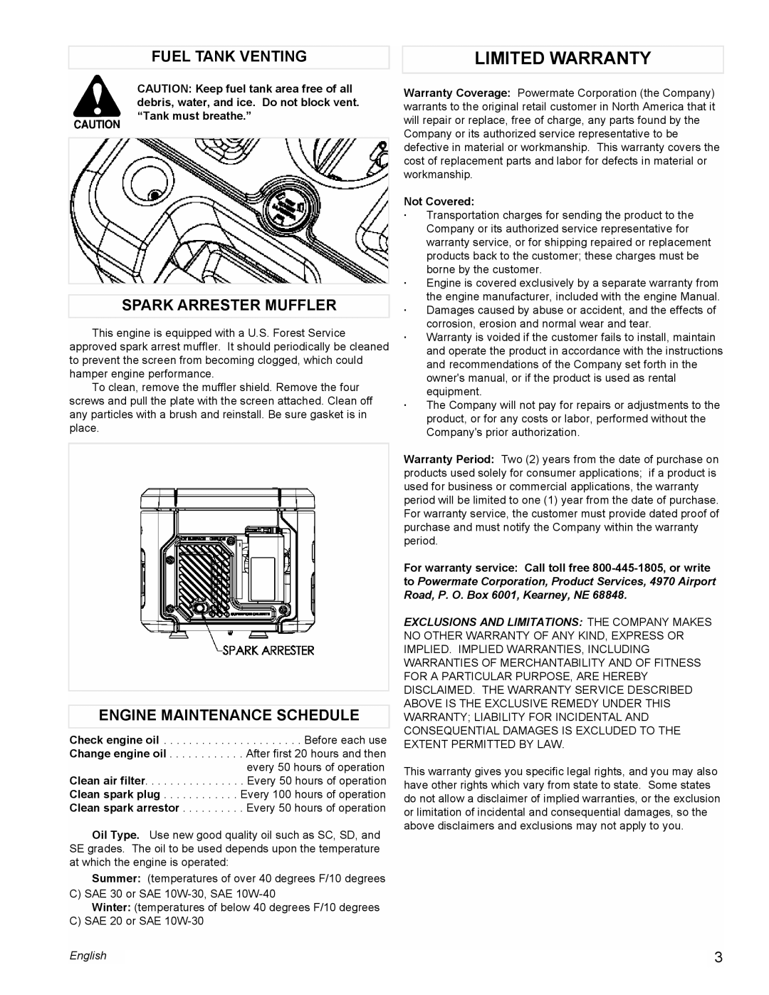 Powermate PMC401853 manual Fuel Tank Venting, Spark Arrester Muffler, Engine Maintenance Schedule, Not Covered 