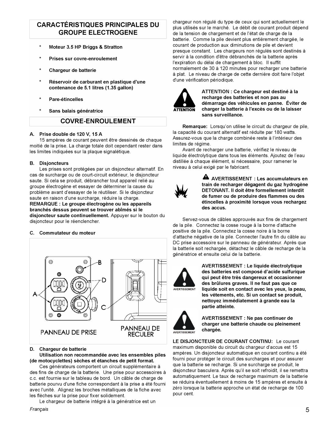 Powermate PMC401853 Caractéristiques Principales DU Groupe Electrogene, Covre-Enroulement, Prise double de 120 V, 15 a 