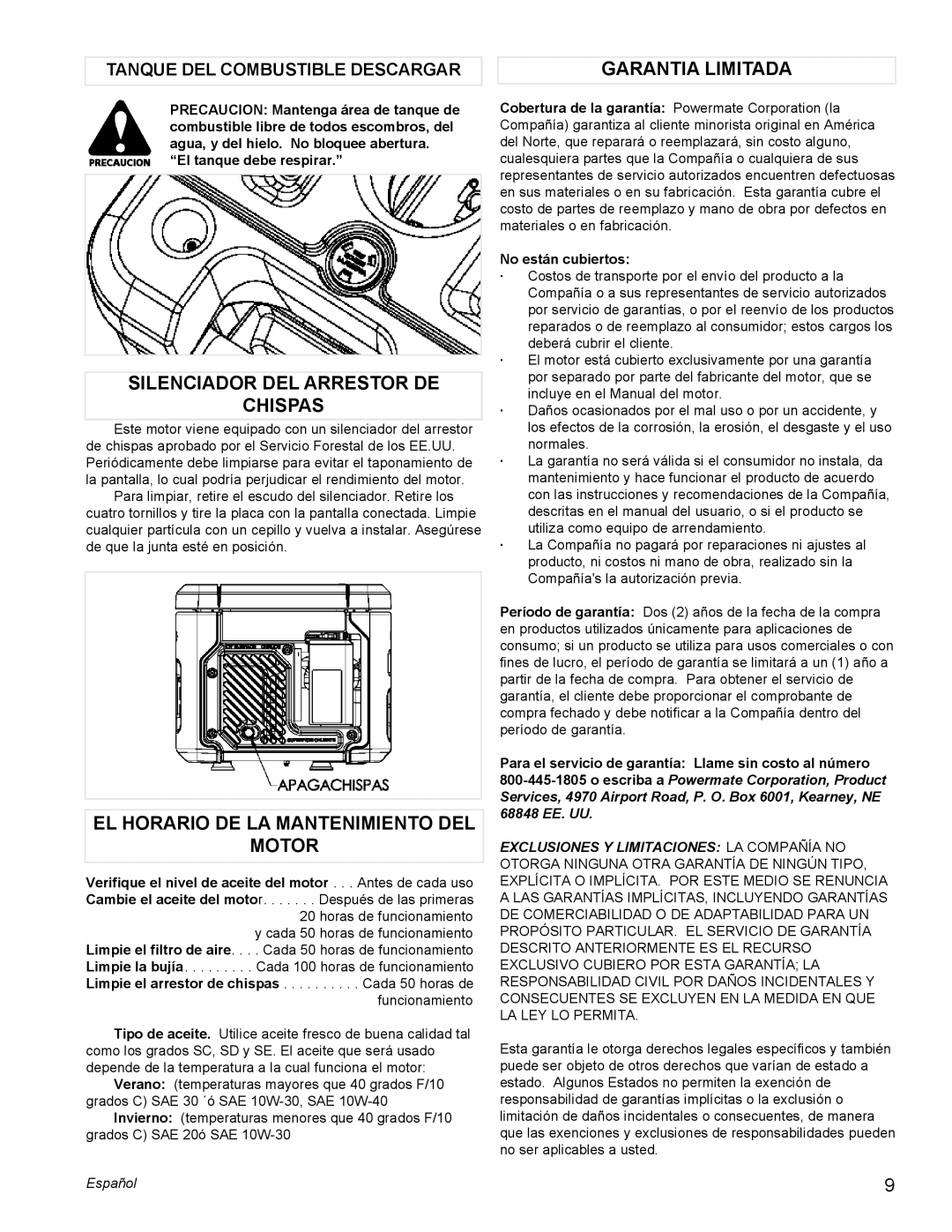 Powermate PMC401853 manual Garantia Limitada, Silenciador DEL Arrestor DE Chispas, EL Horario DE LA Mantenimiento DEL Motor 