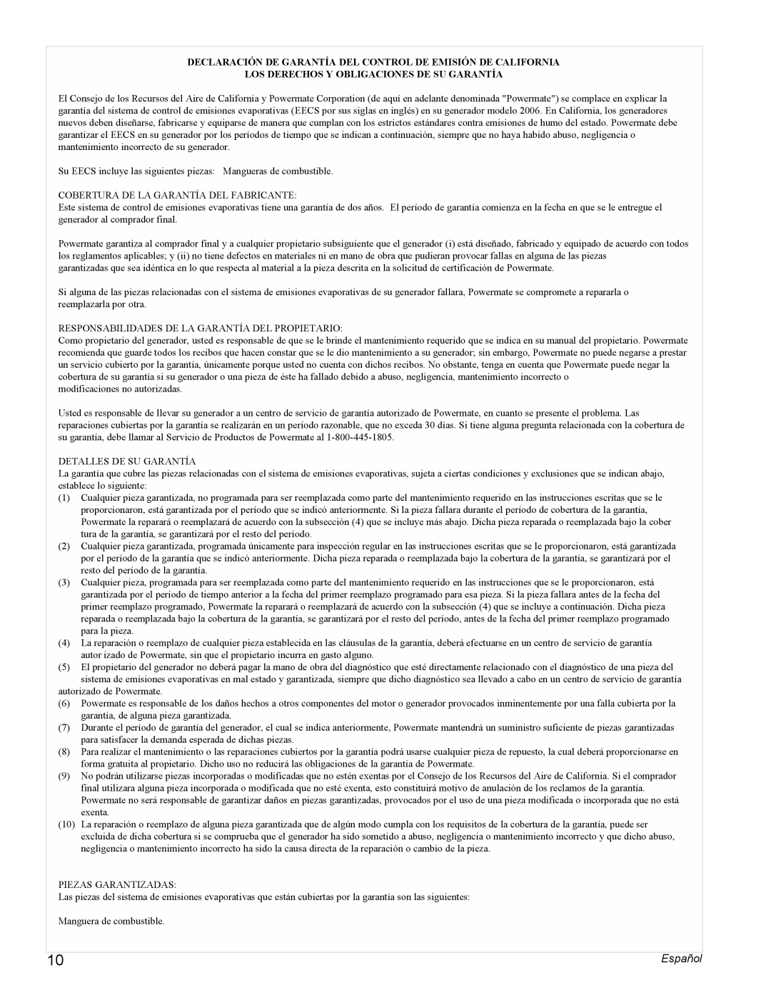 Powermate PMC401856 manual Los Derechos Y Obligaciones De Su Garantía, Español 