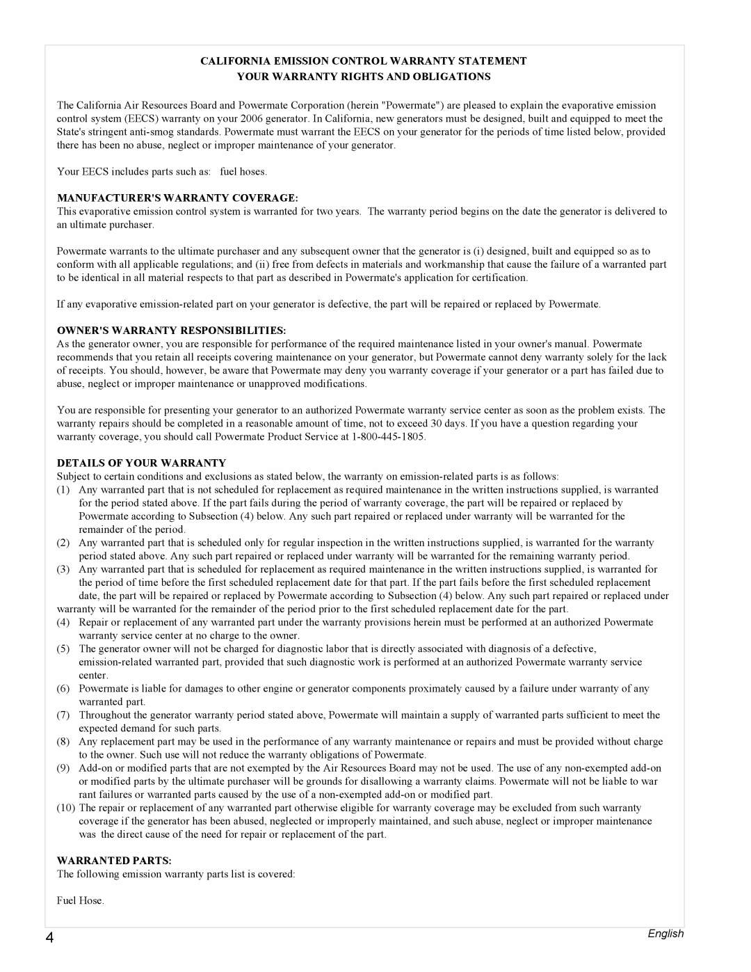 Powermate PMC401856 California Emission Control Warranty Statement, Your Warranty Rights And Obligations, Warranted Parts 