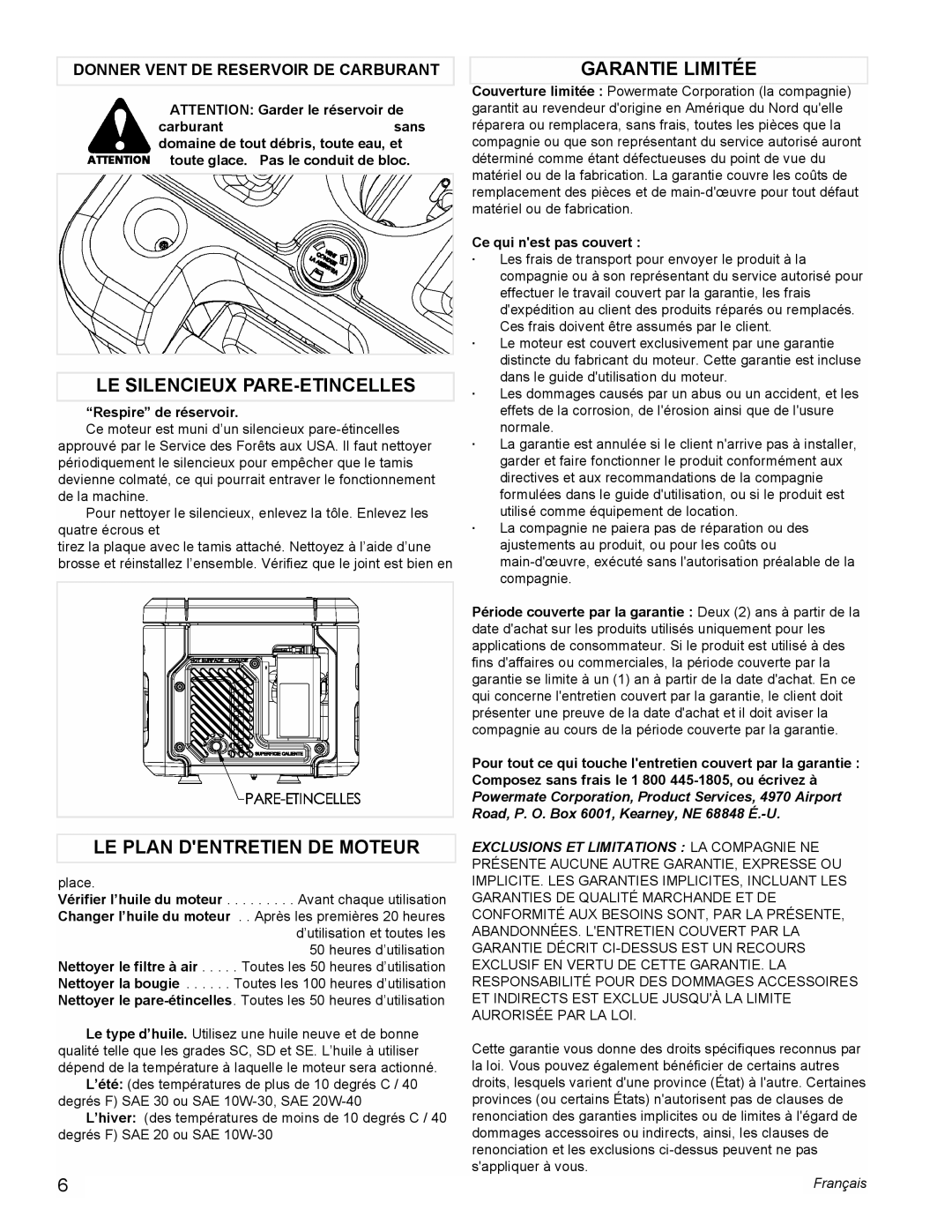 Powermate PMC401856 manual Le Silencieux Pare-Etincelles, Le Plan Dentretien De Moteur, Garantie Limitée, Français 