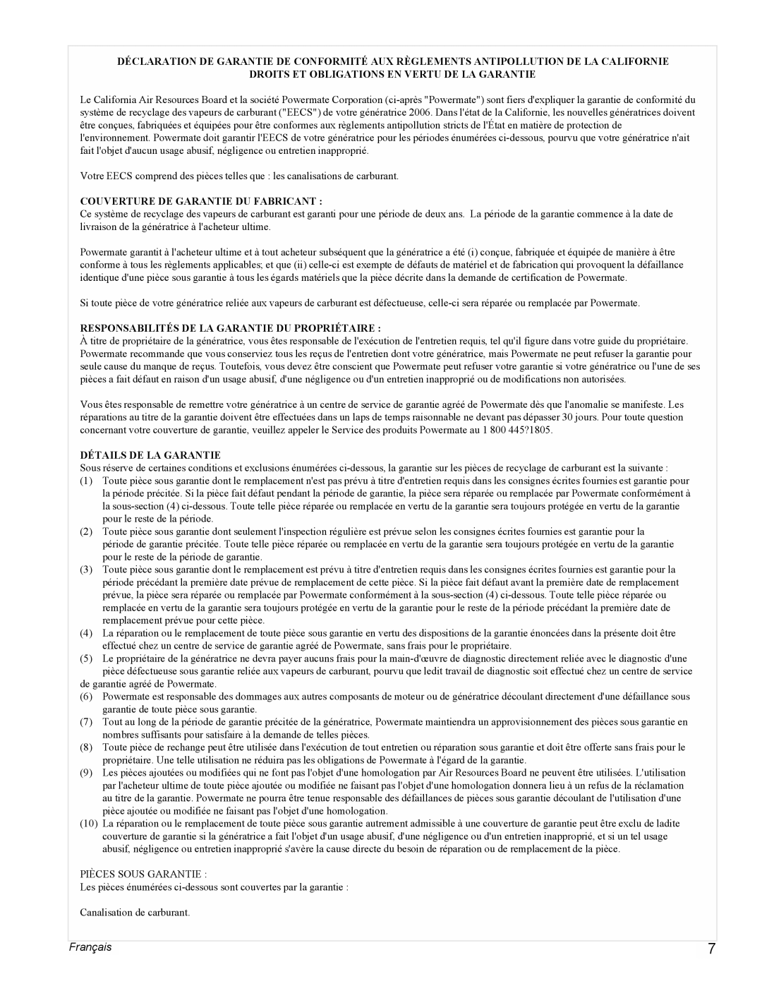 Powermate PMC401856 manual Français, Droits Et Obligations En Vertu De La Garantie, Couverture De Garantie Du Fabricant 