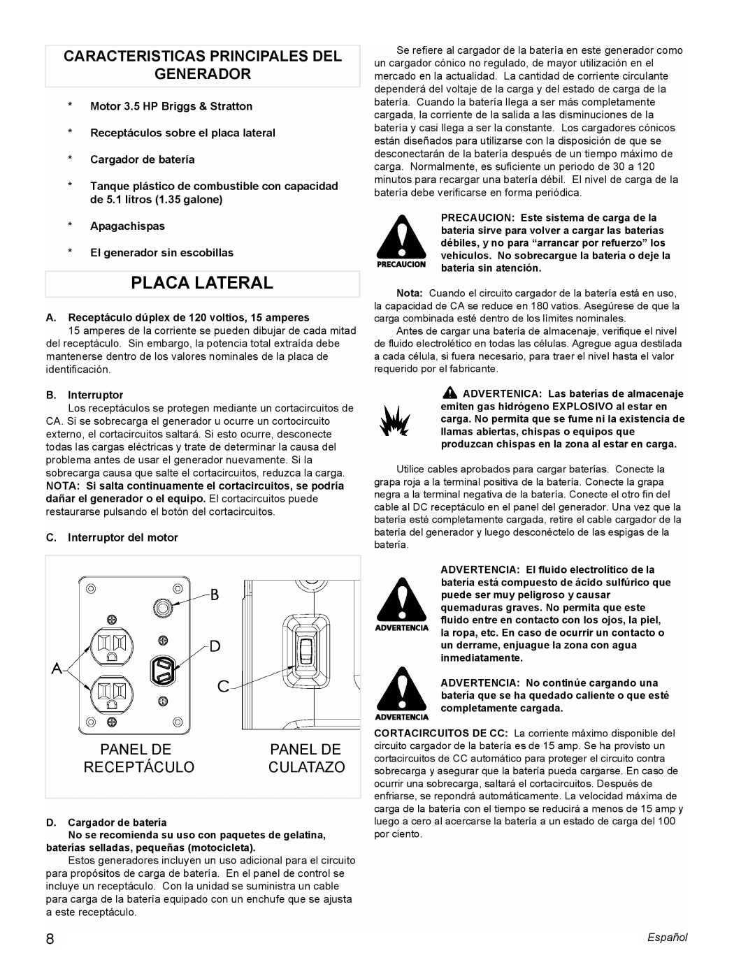 Powermate PMC401856 manual Placa Lateral, Caracteristicas Principales Del Generador, Panel De, Receptáculo, Culatazo 