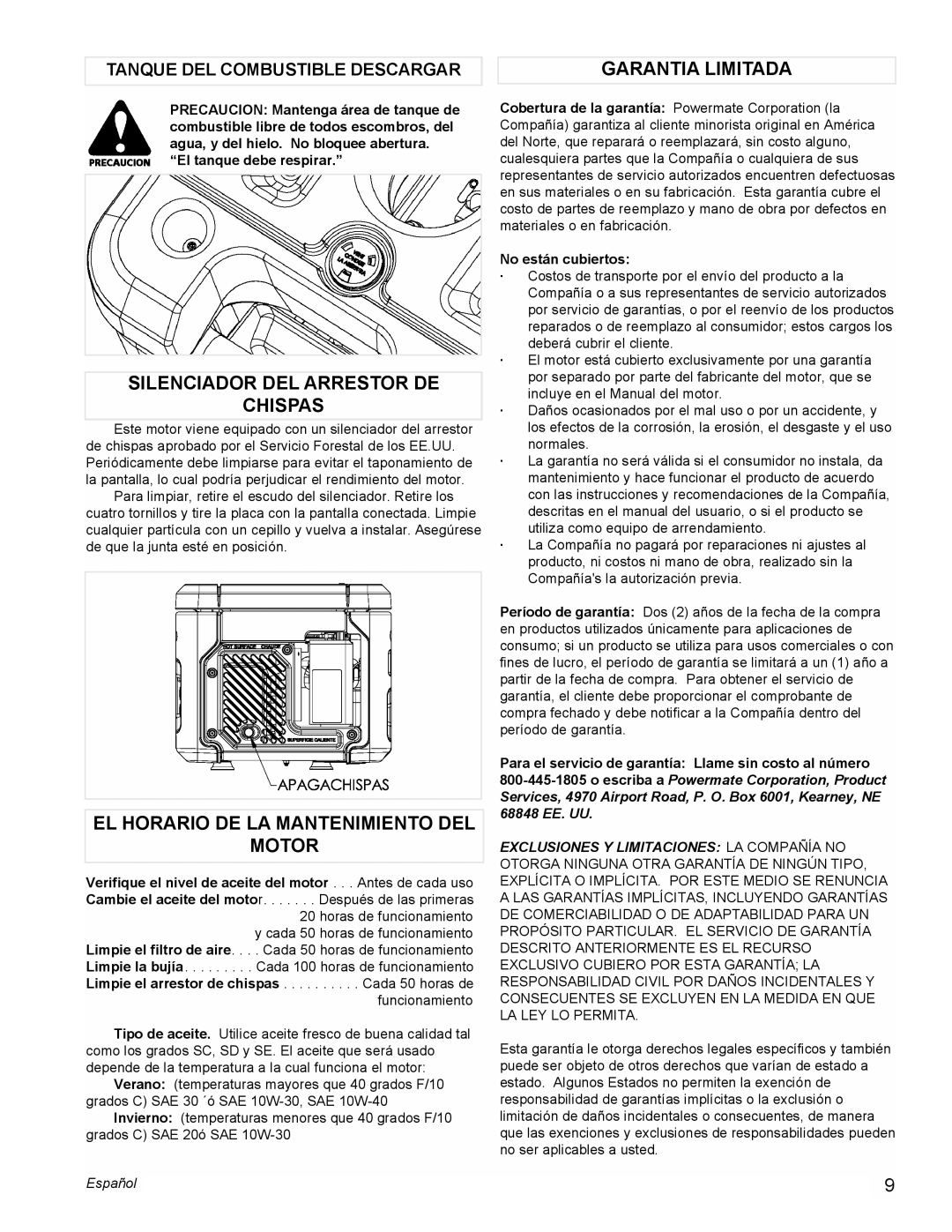 Powermate PMC401856 manual Garantia Limitada, Silenciador Del Arrestor De Chispas, El Horario De La Mantenimiento Del Motor 