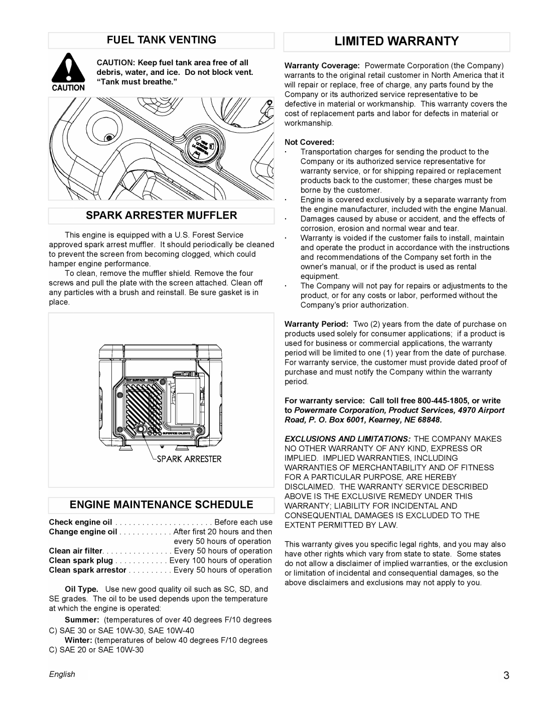 Powermate PMC401856 manual Fuel Tank Venting, Spark Arrester Muffler, Engine Maintenance Schedule, Not Covered 