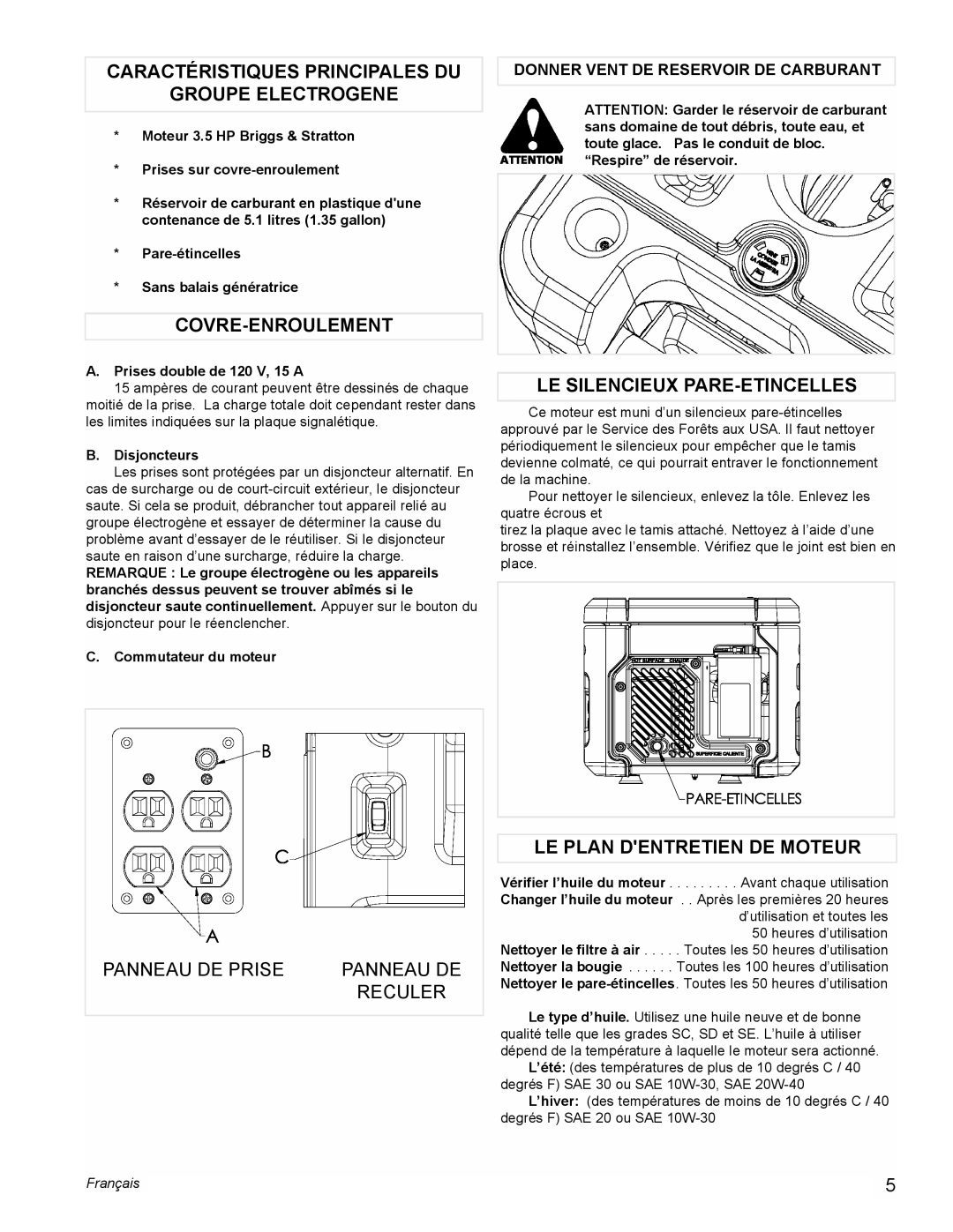 Powermate PMC401857 Caractéristiques Principales DU Groupe Electrogene, Covre-Enroulement, LE Silencieux PARE-ETINCELLES 