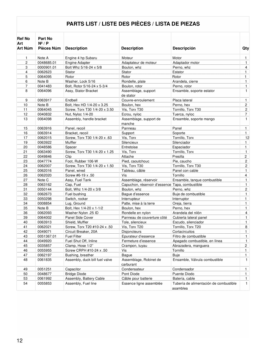 Powermate PMC431800.01 manual Parts List / Liste Des Pièces / Lista De Piezas 