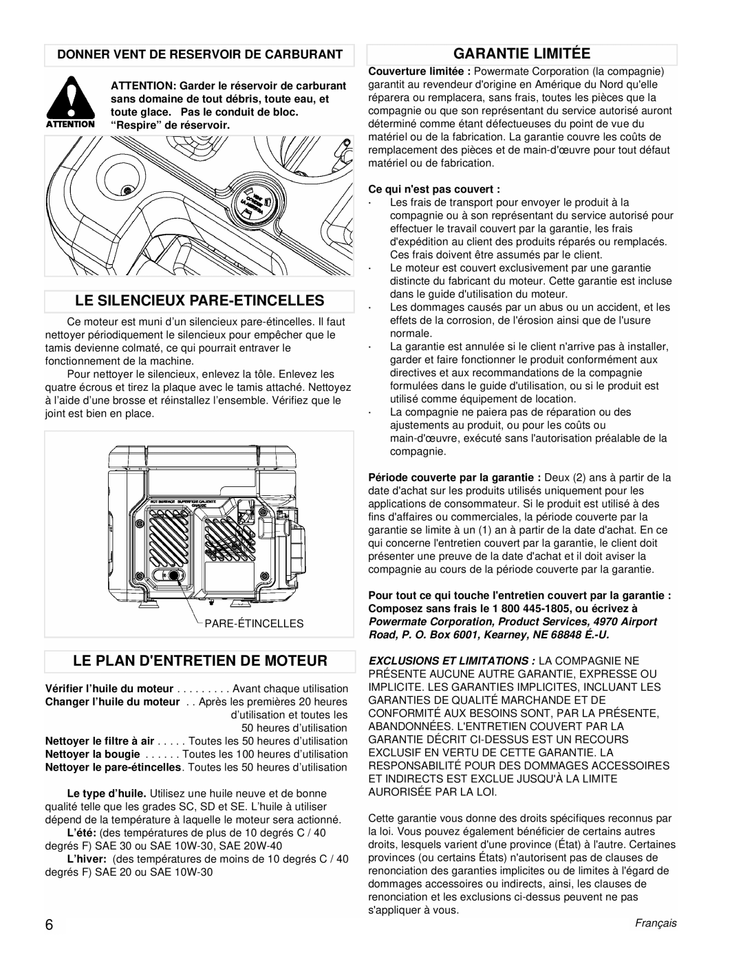 Powermate PMC431800.01 manual Le Silencieux Pare-Etincelles, Le Plan Dentretien De Moteur, Garantie Limitée, Français 