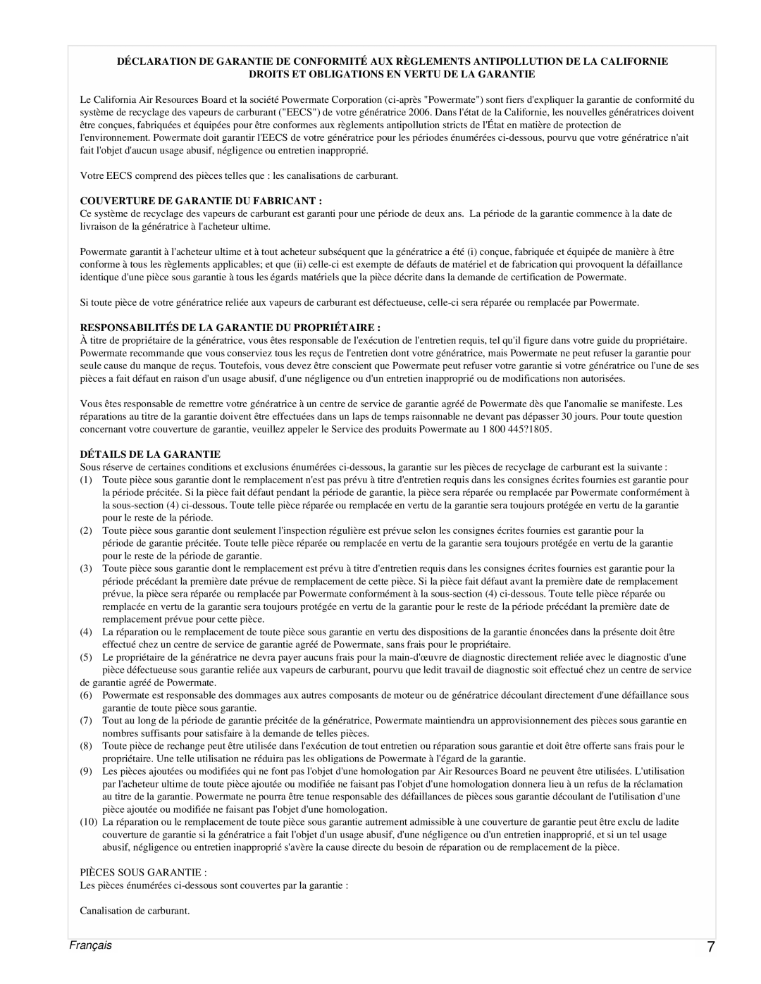 Powermate PMC431800.01 manual Français, Droits Et Obligations En Vertu De La Garantie, Couverture De Garantie Du Fabricant 