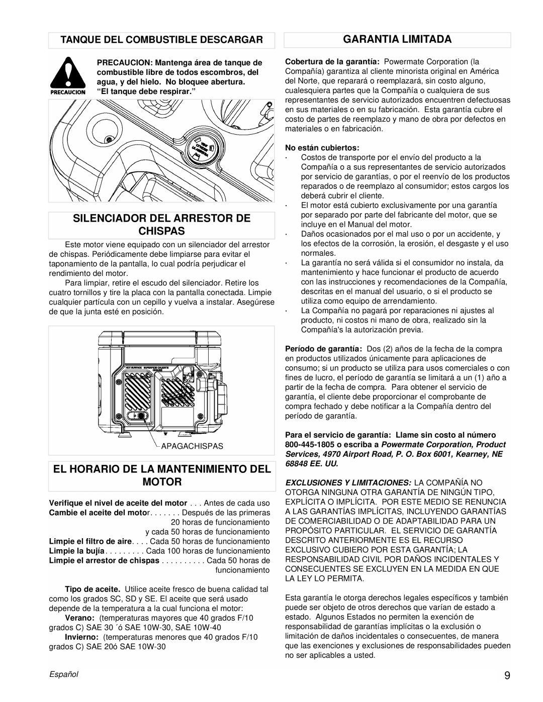 Powermate PMC431800.01 Silenciador Del Arrestor De Chispas, El Horario De La Mantenimiento Del Motor, Garantia Limitada 