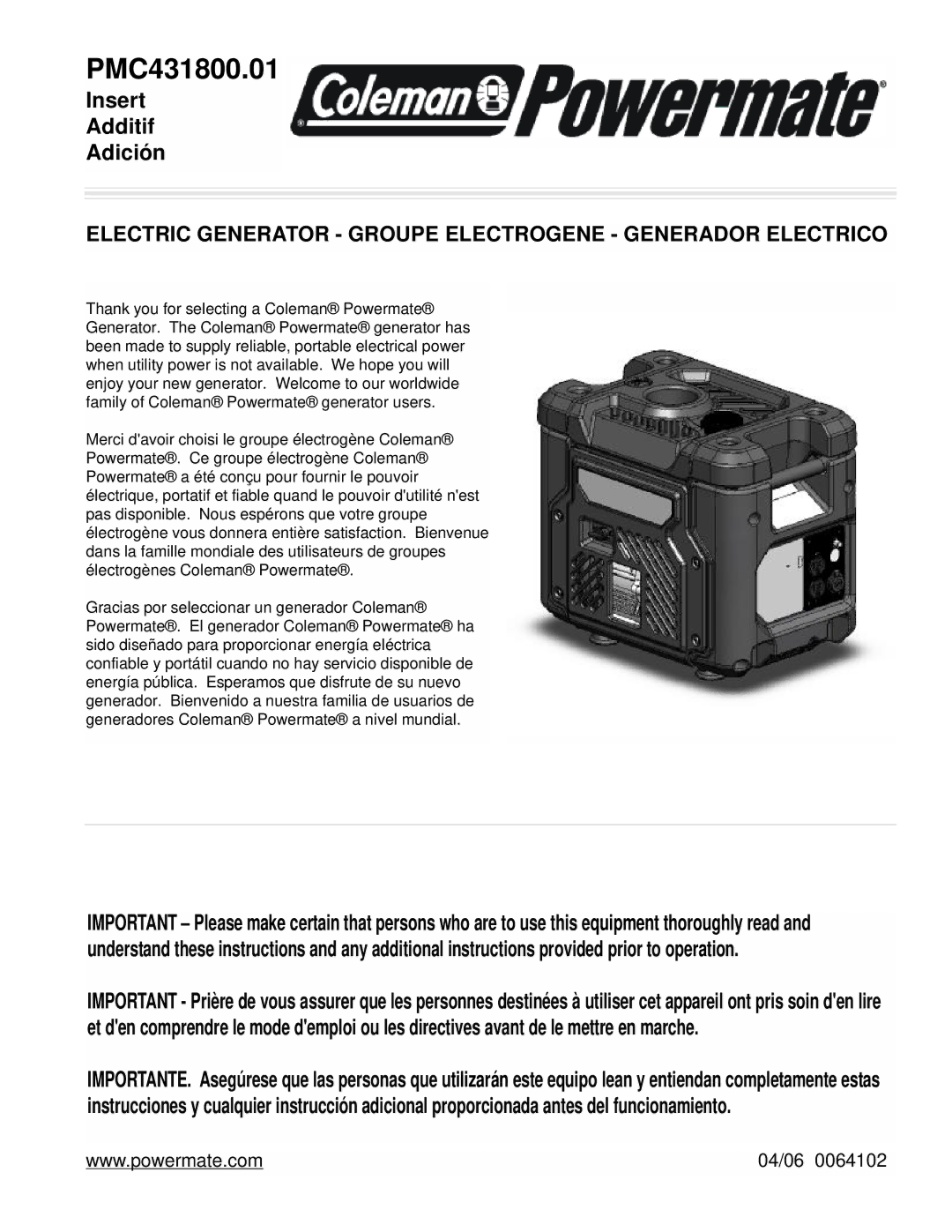 Powermate PMC431800.01 manual 