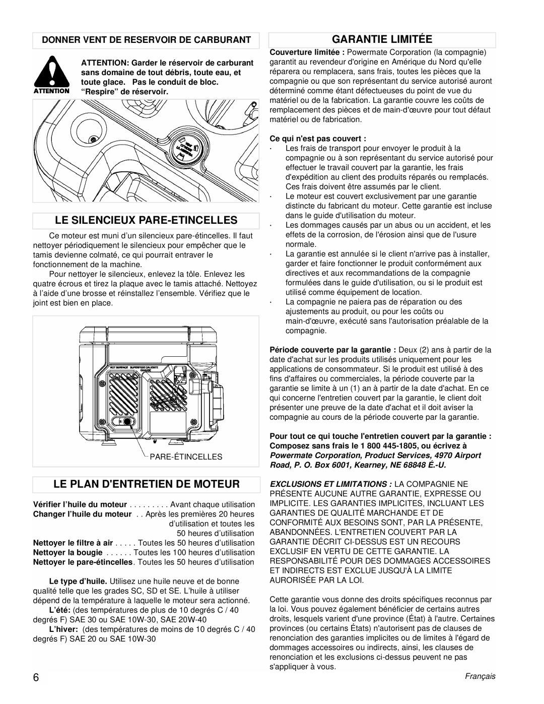 Powermate PMC431800.01 manual LE Silencieux PARE-ETINCELLES, LE Plan Dentretien DE Moteur, Garantie Limitée 