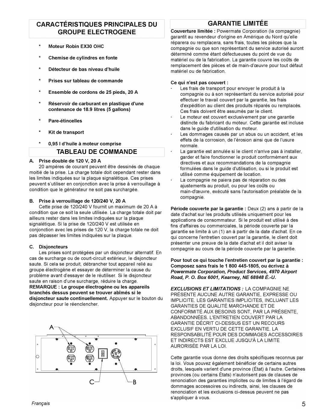 Powermate PMC435000 manual Caractéristiques Principales DU Groupe Electrogene, Tableau DE Commande, Garantie Limitée 