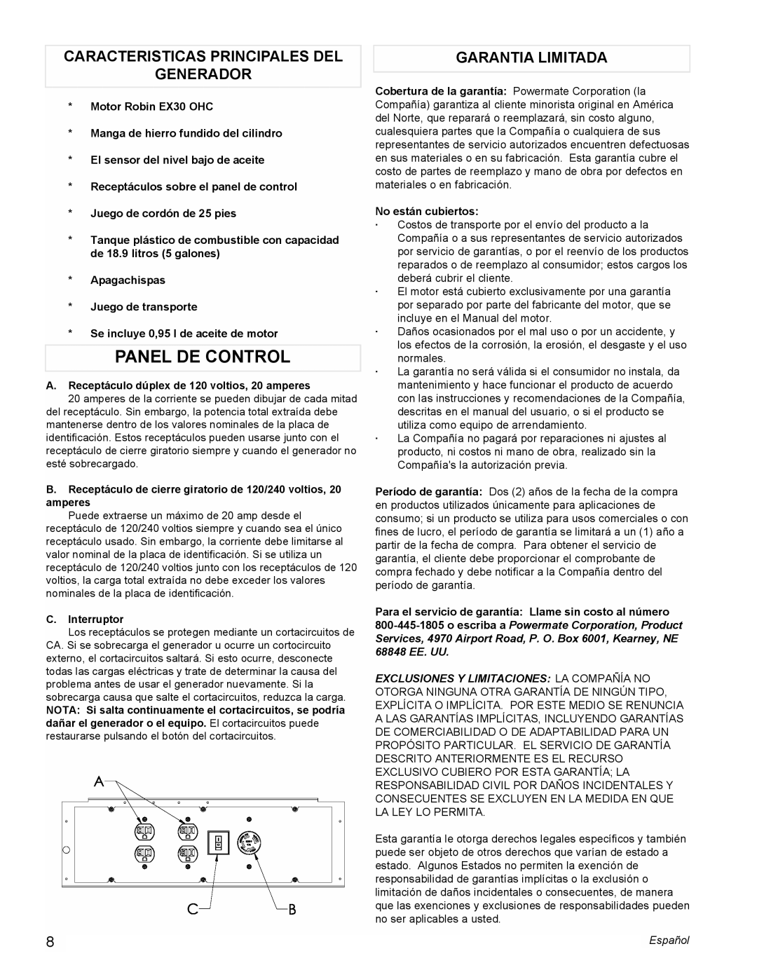 Powermate PMC435000 manual Caracteristicas Principales DEL Generador, Garantia Limitada 