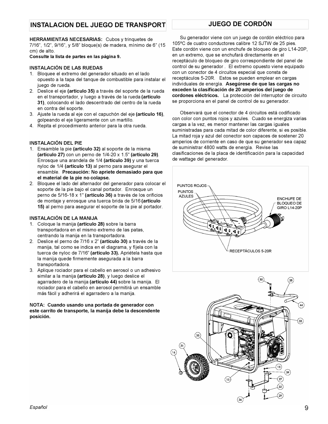 Powermate PMC435000 Instalacion DEL Juego DE Transport Juego DE Cordón, Instalación DE LAS Ruedas, Instalación DEL PIE 