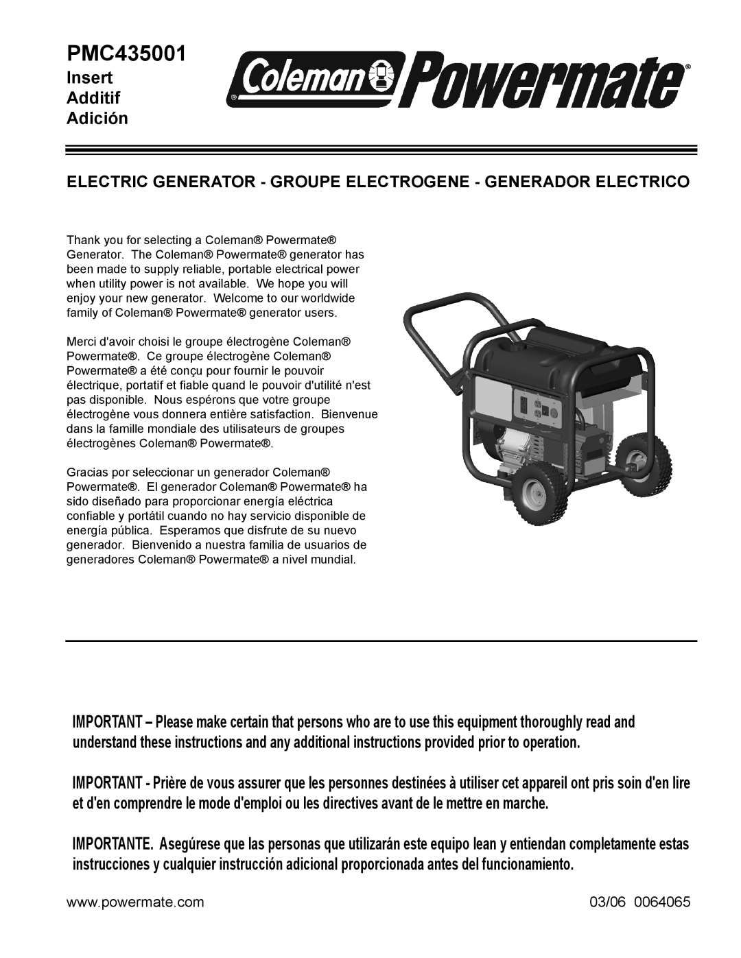 Powermate PMC435001 manual Insert Additif Adición, Electric Generator - Groupe Electrogene - Generador Electrico, 03/06 