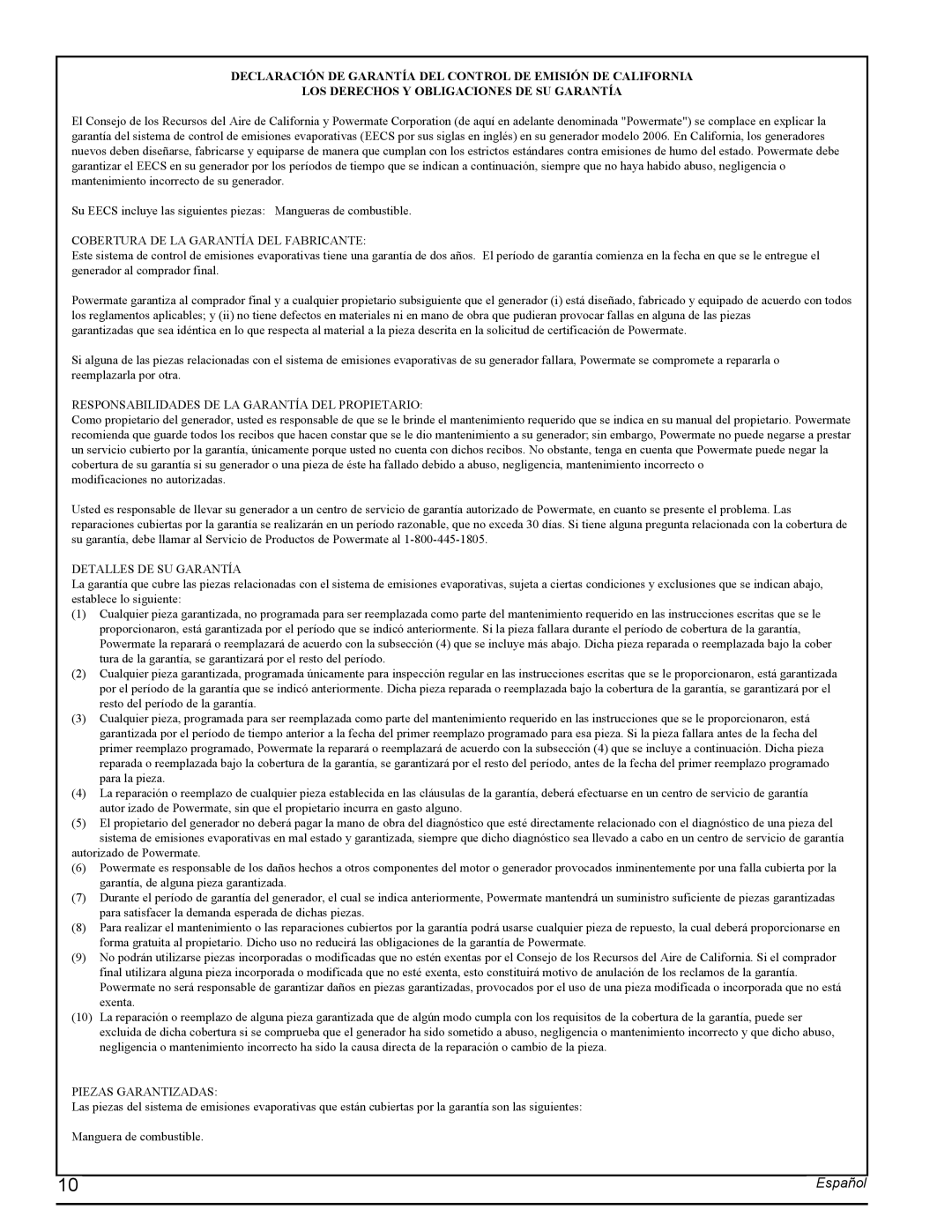 Powermate PMC435001 manual Declaración De Garantía Del Control De Emisión De California, Español 