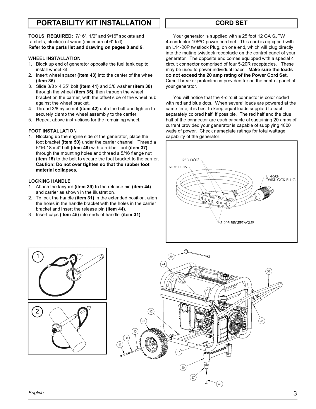 Powermate PMC435001 manual Portability Kit Installation, Cord Set, English 
