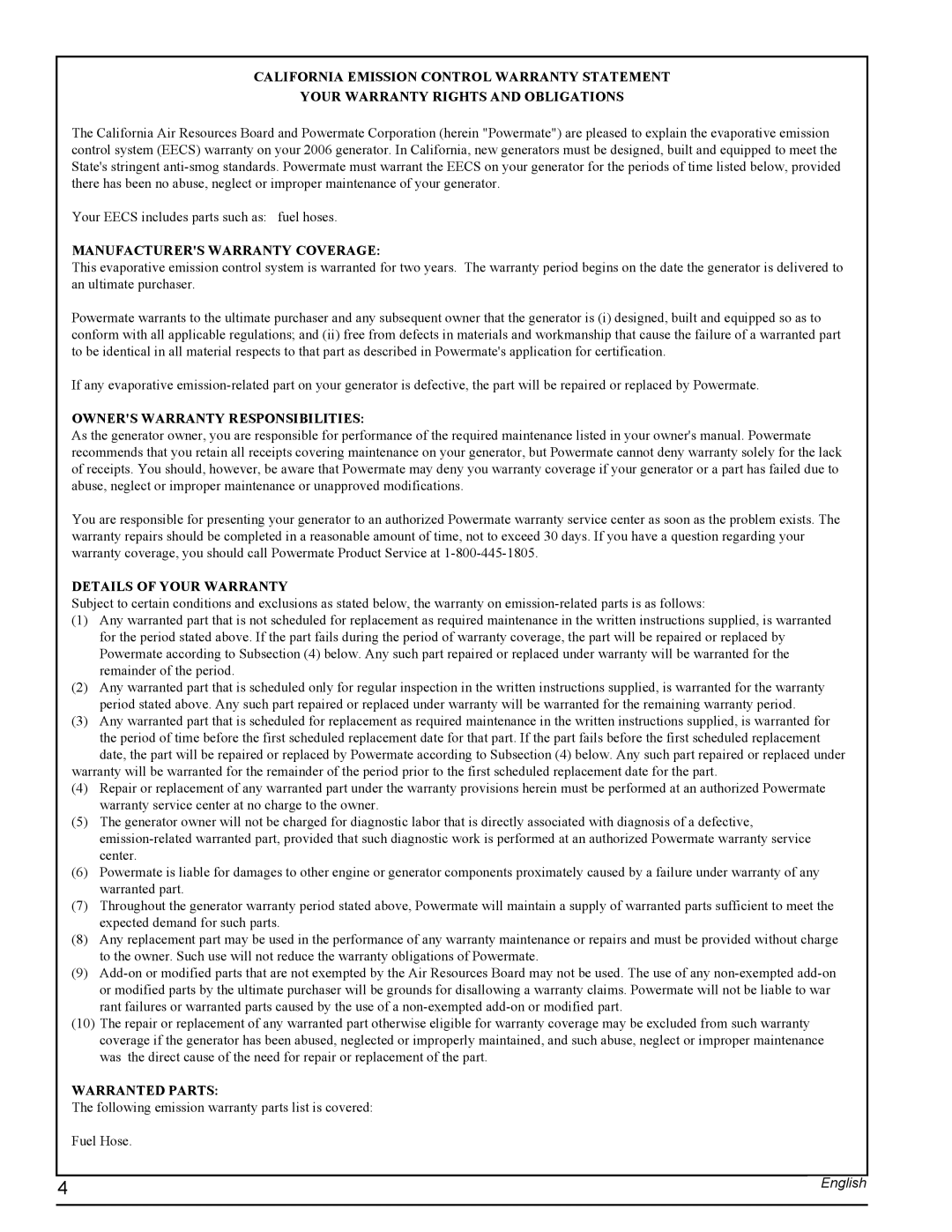 Powermate PMC435001 California Emission Control Warranty Statement, Your Warranty Rights And Obligations, Warranted Parts 