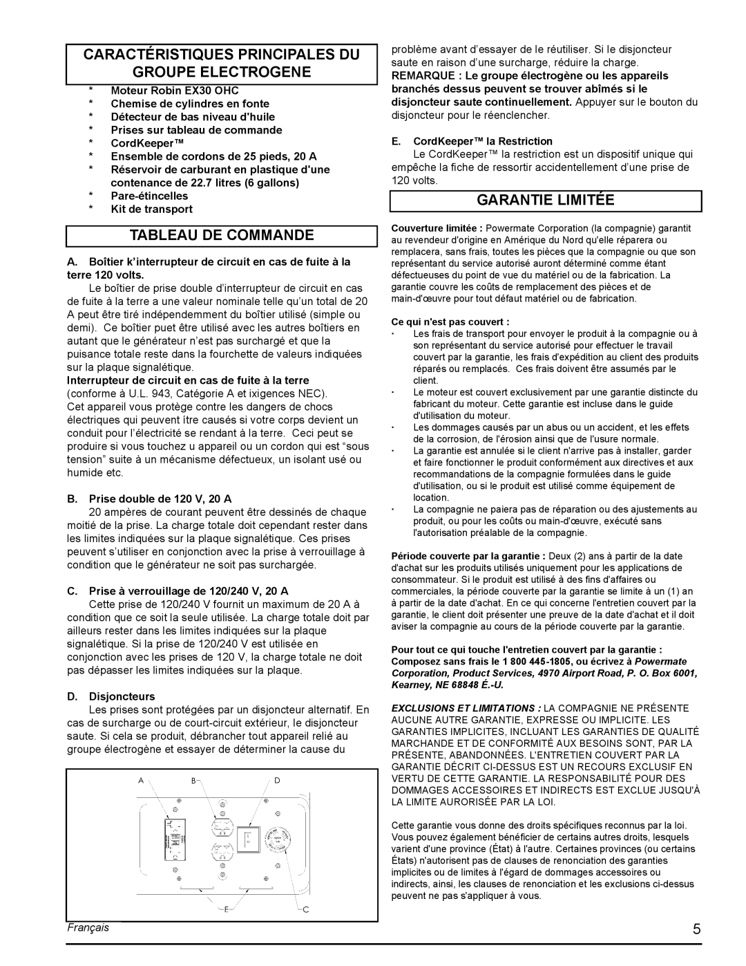 Powermate PMC435001 Caractéristiques Principales Du Groupe Electrogene, Tableau De Commande, Garantie Limitée, Français 