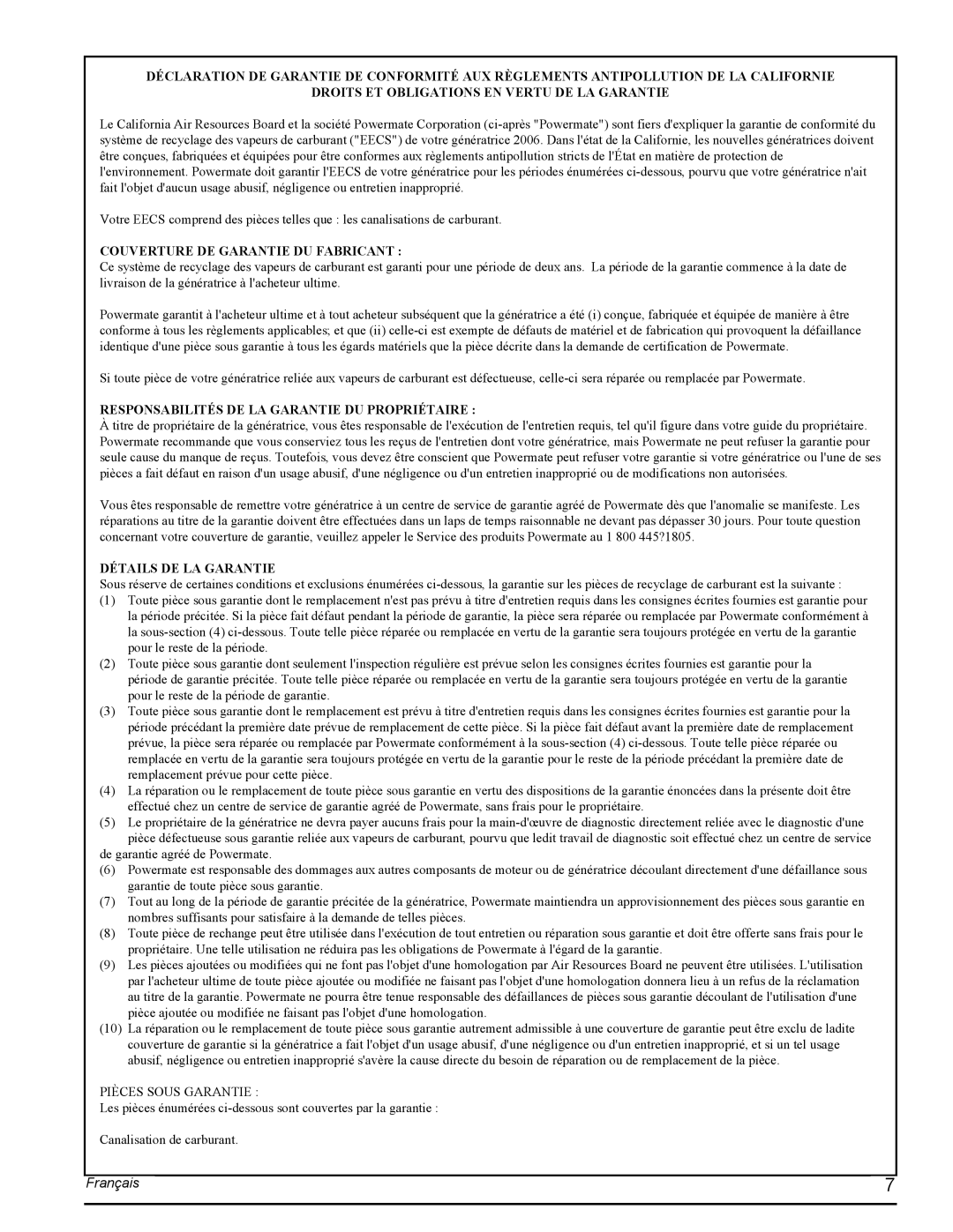 Powermate PMC435001 manual Français, Droits Et Obligations En Vertu De La Garantie, Couverture De Garantie Du Fabricant 