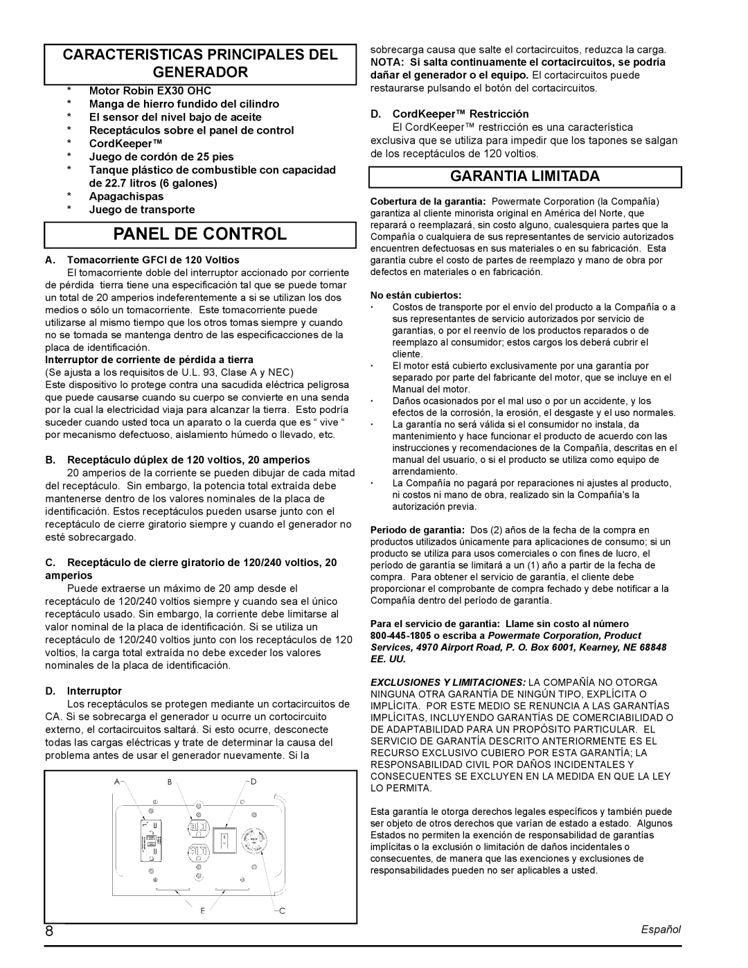Powermate PMC435001 manual Panel De Control, Caracteristicas Principales Del Generador, Garantia Limitada, Español 