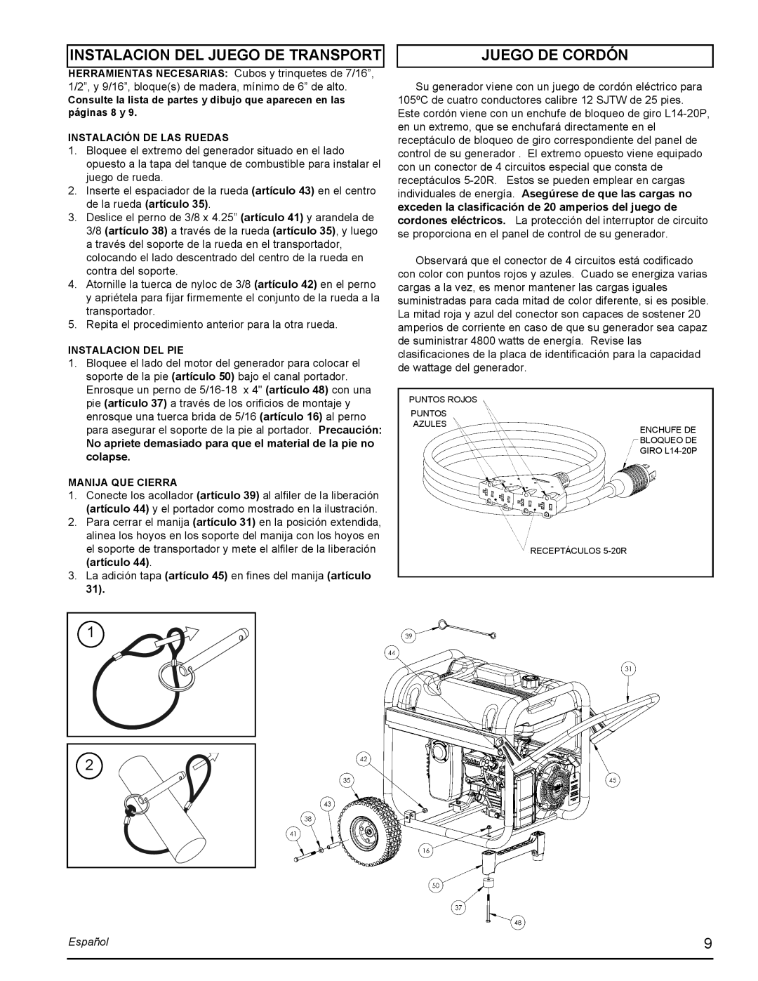 Powermate PMC435001 manual Instalacion Del Juego De Transport, Juego De Cordón, Español 