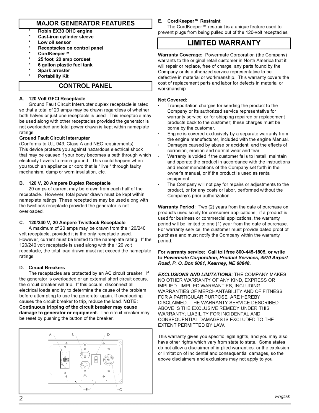 Powermate PMC435001 manual Major Generator Features, Control Panel 