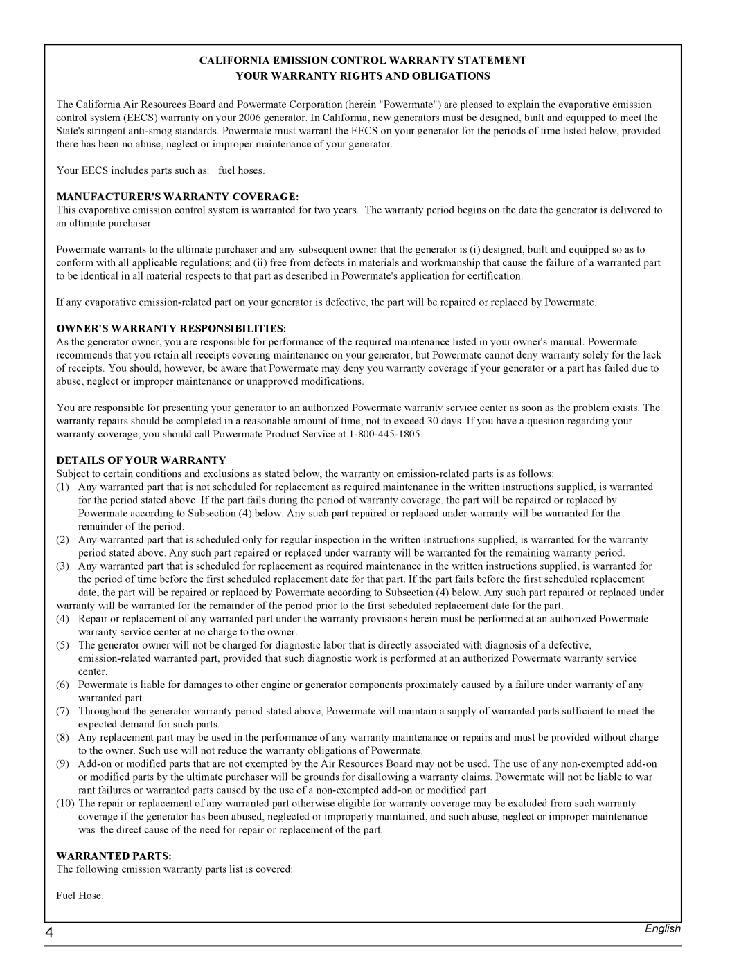 Powermate PMC435001 manual Warranted Parts 