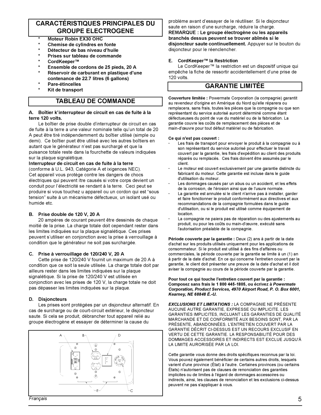 Powermate PMC435001 manual Caractéristiques Principales DU Groupe Electrogene, Tableau DE Commande, Garantie Limitée 