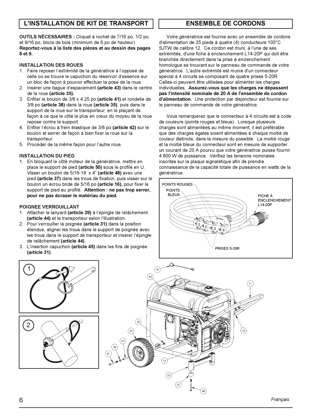 Powermate PMC435001 manual Linstallation DE KIT DE Transport Ensemble DE Cordons, Article 