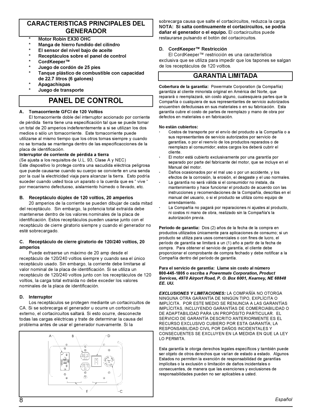 Powermate PMC435001 manual Caracteristicas Principales DEL Generador, Garantia Limitada, Interruptor 