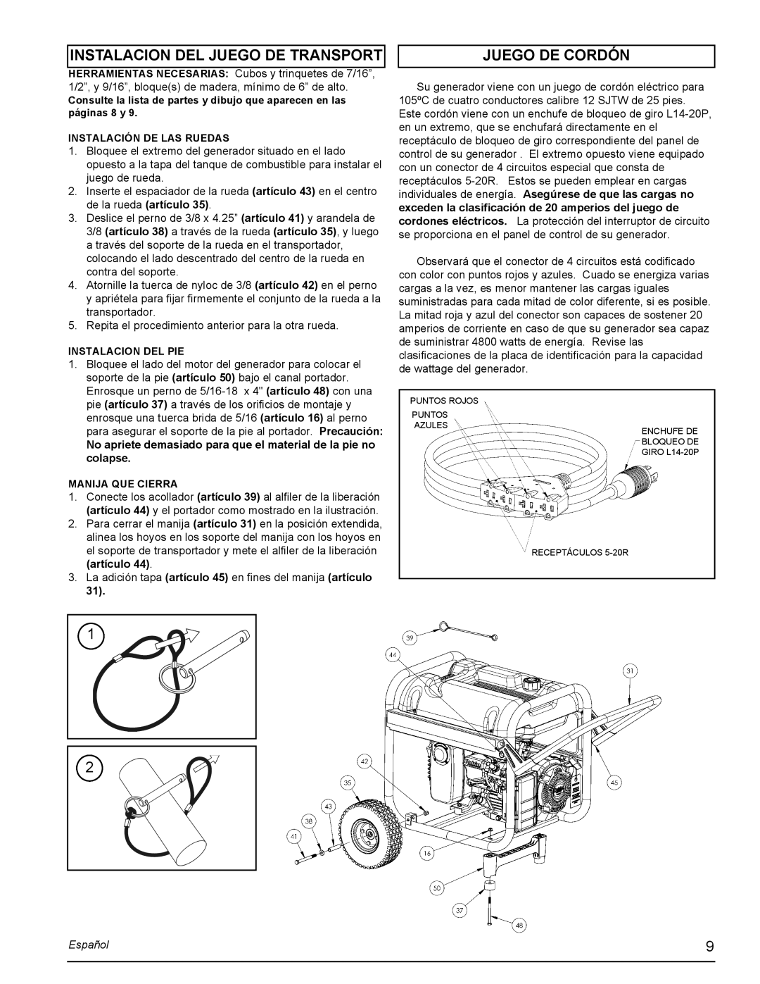 Powermate PMC435001 manual Instalacion DEL Juego DE Transport, Juego DE Cordón 