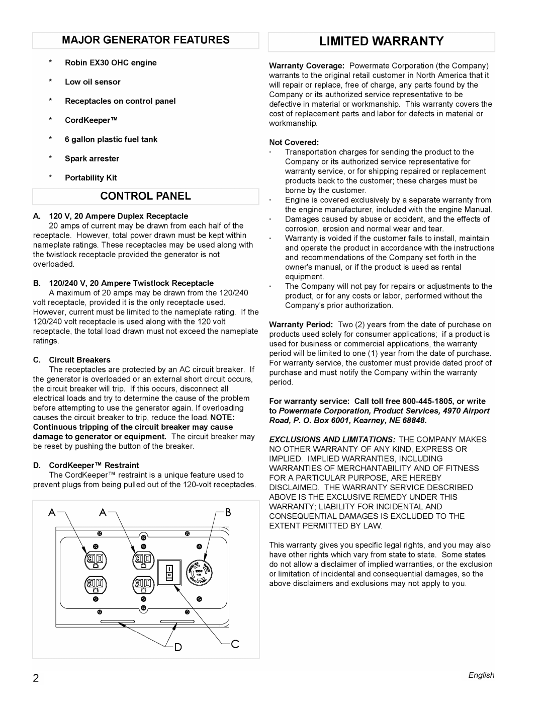 Powermate PMC435003 manual Limited Warranty, Major Generator Features, Control Panel 