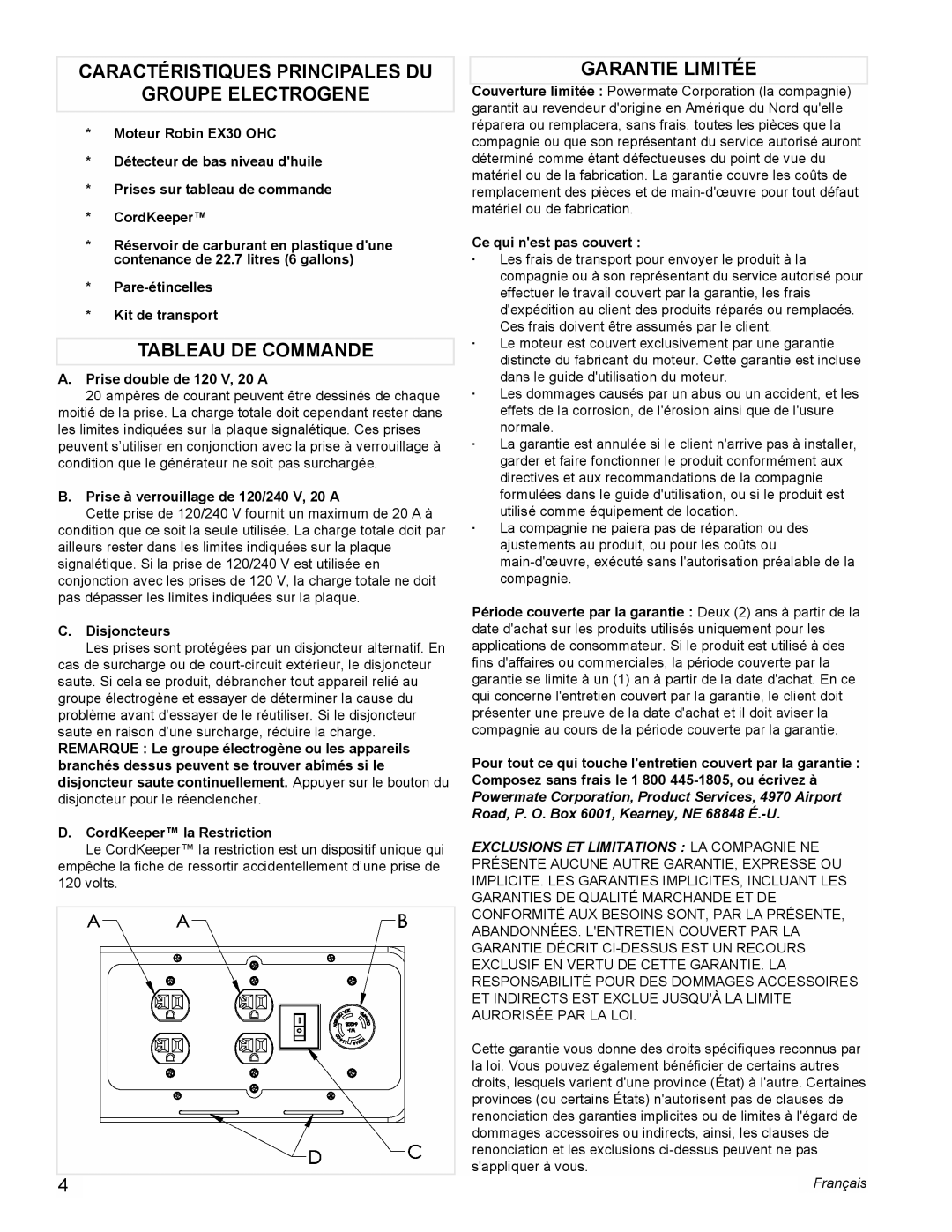 Powermate PMC435003 Caractéristiques Principales Du, Groupe Electrogene, Tableau De Commande, Garantie Limitée, Français 