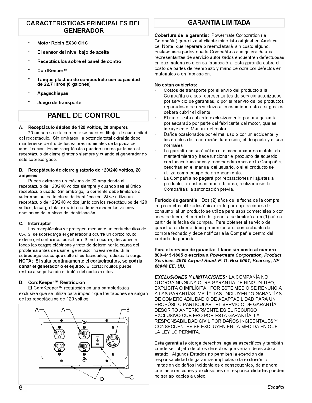 Powermate PMC435003 manual Panel De Control, Caracteristicas Principales Del Generador, Garantia Limitada 