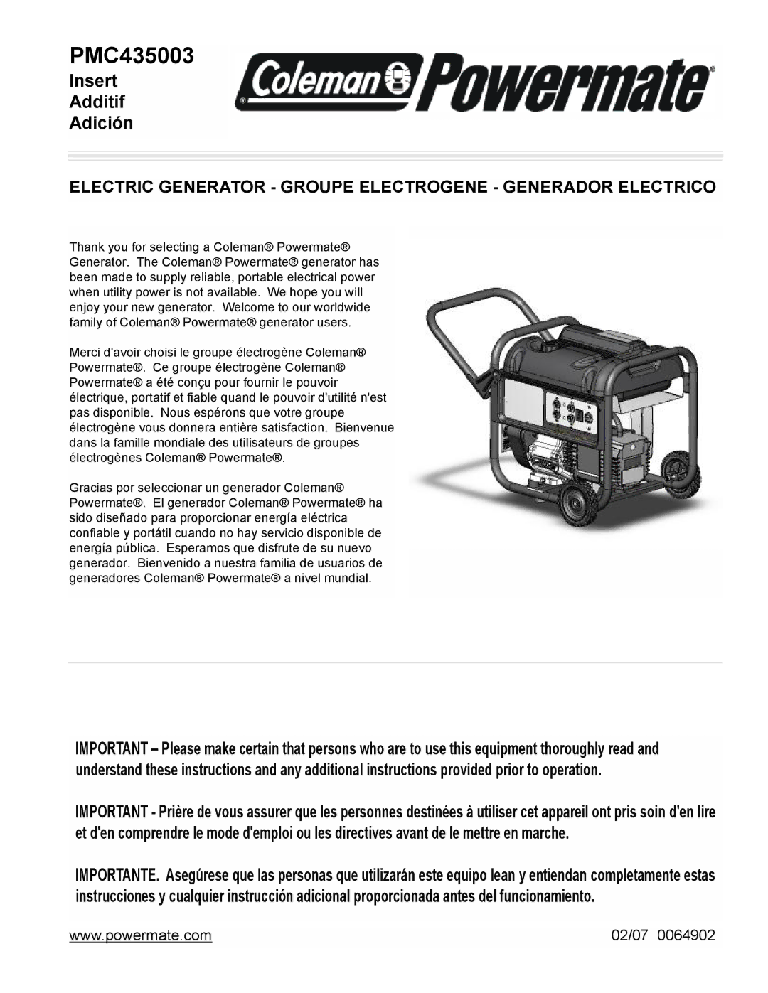 Powermate PMC435003 manual 