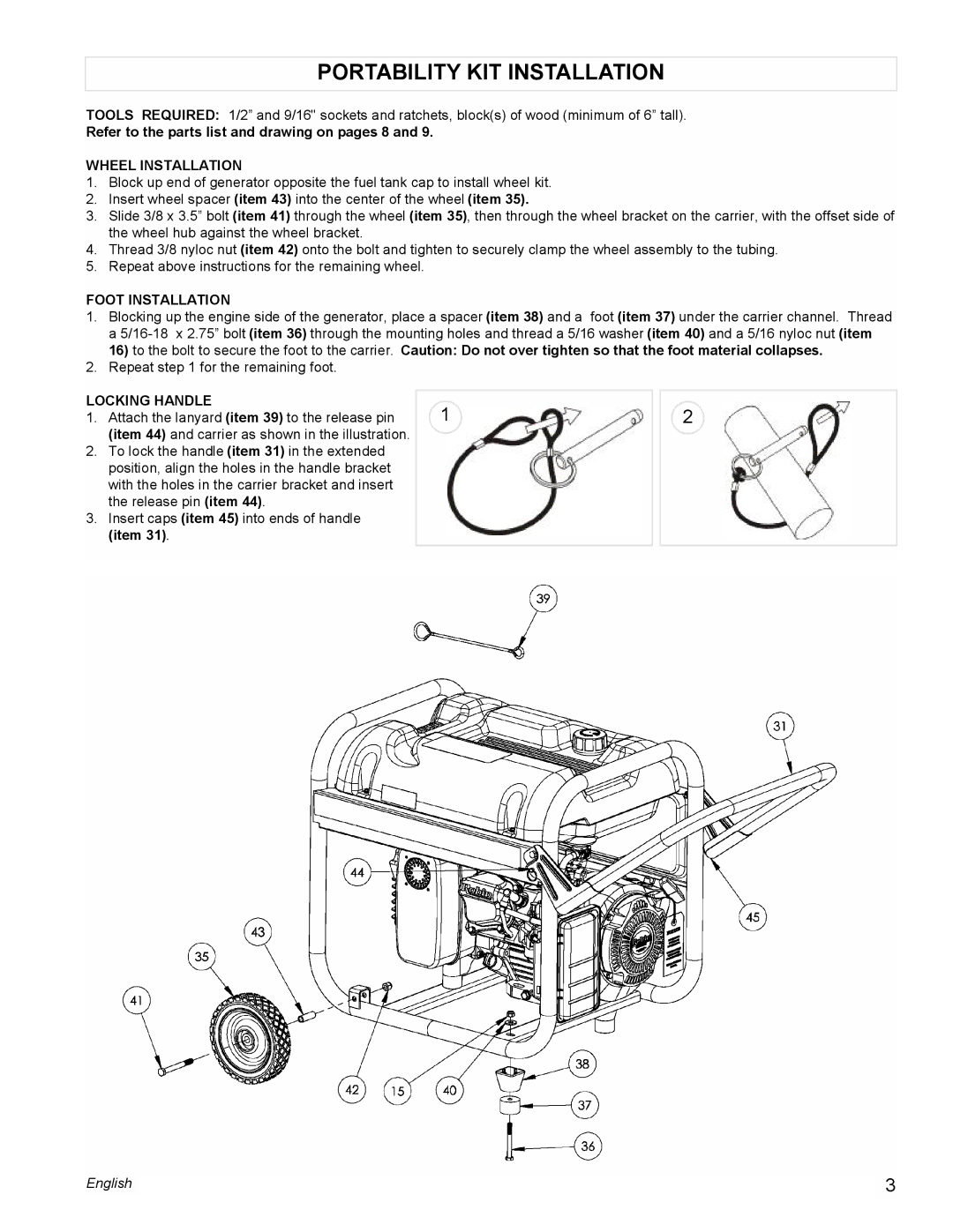 Powermate PMC435003 manual Portability KIT Installation, Refer to the parts list and drawing on pages 8, Wheel Installation 