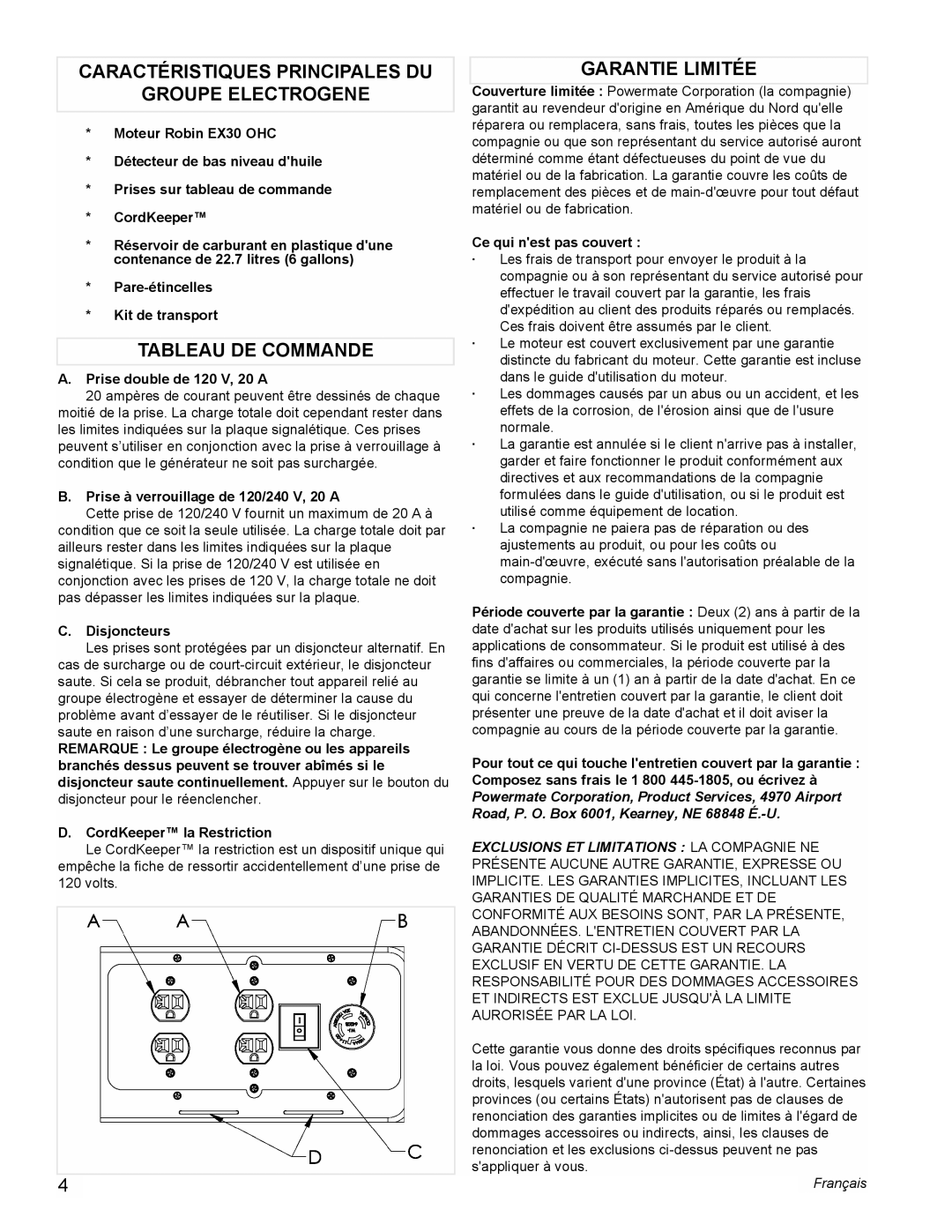 Powermate PMC435003 manual Caractéristiques Principales DU Groupe Electrogene, Tableau DE Commande, Garantie Limitée 